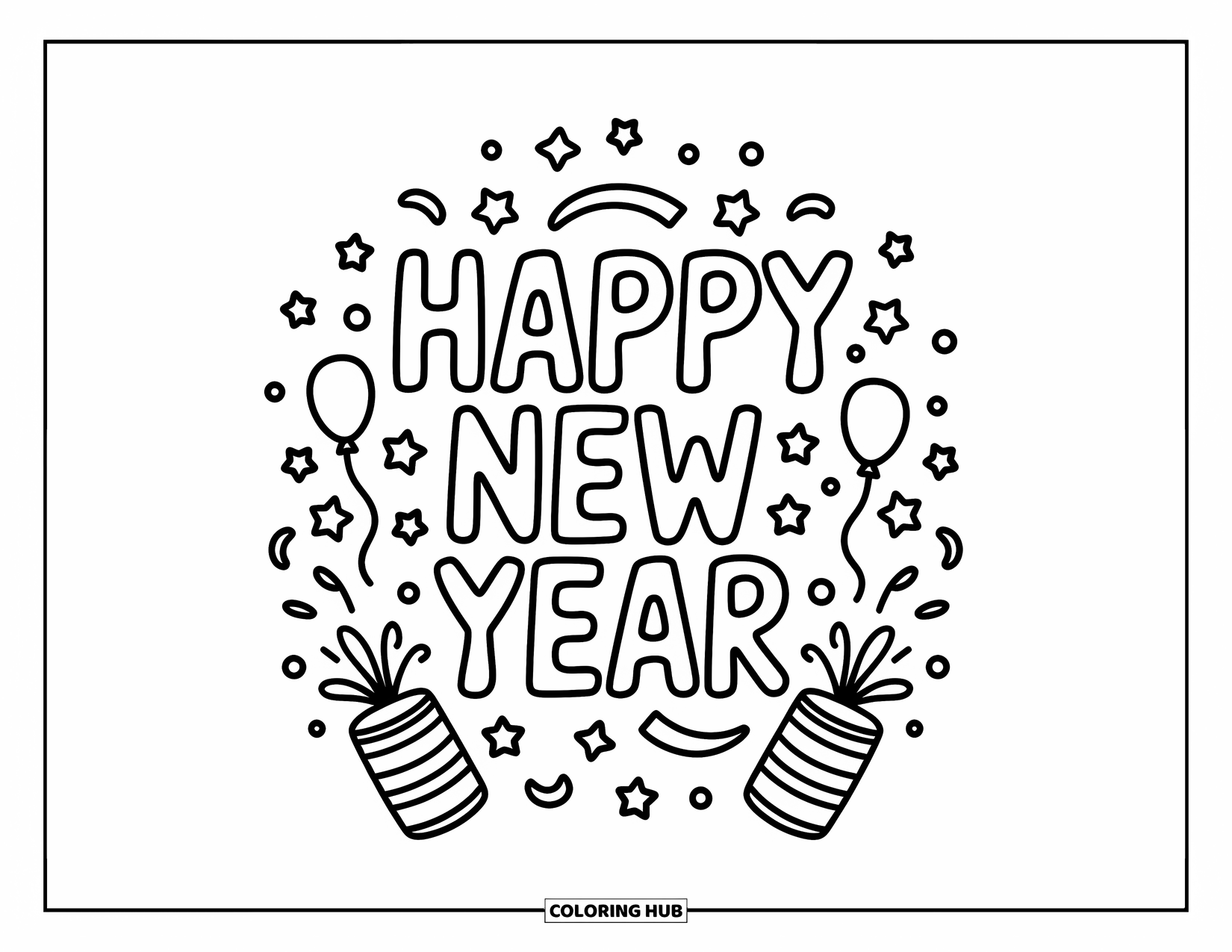 Happy New Year Coloring Page for Adults: Streamers and confetti surround bold "Happy New Year" letters