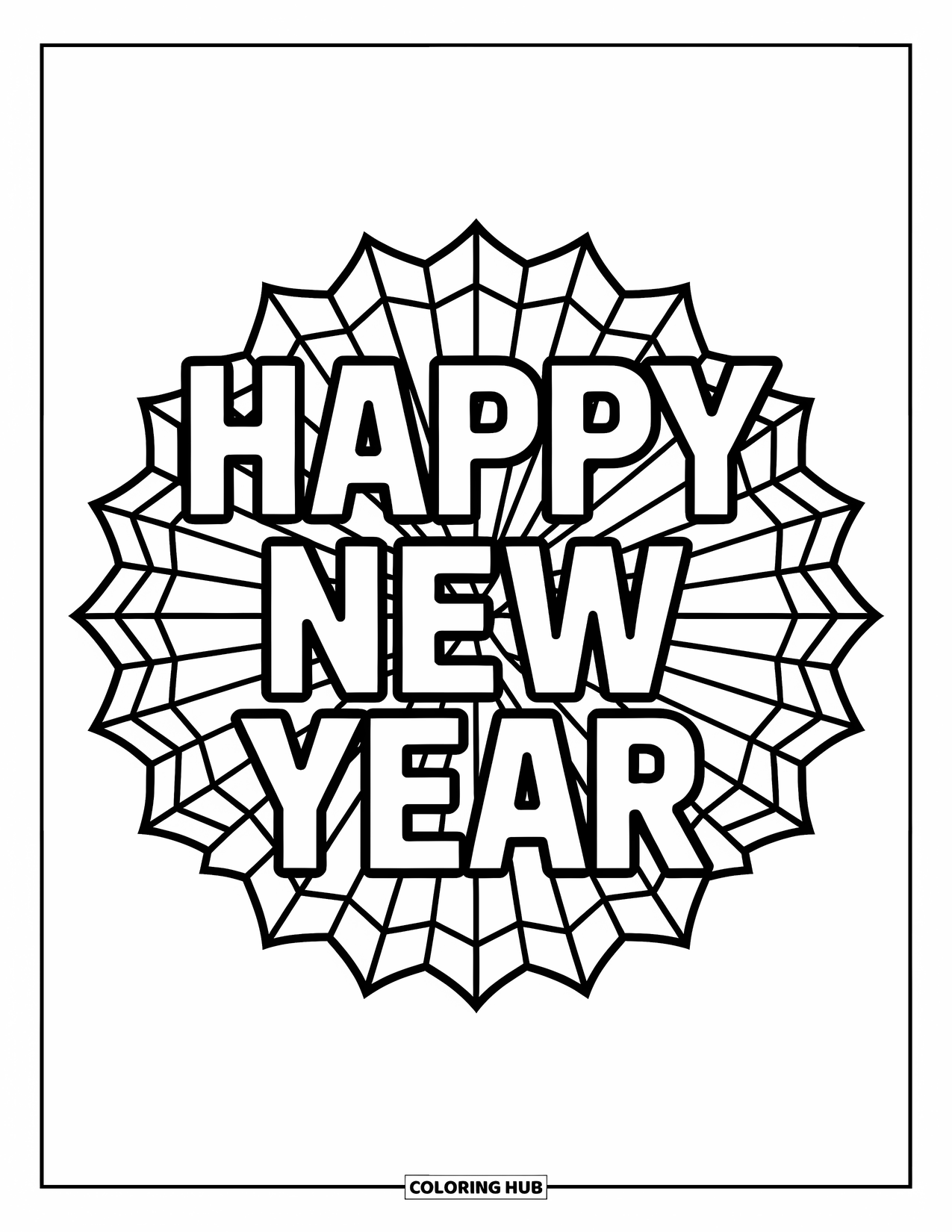Happy New Year Coloring Page for Adults: Stylized sunburst design frames bold New Year text