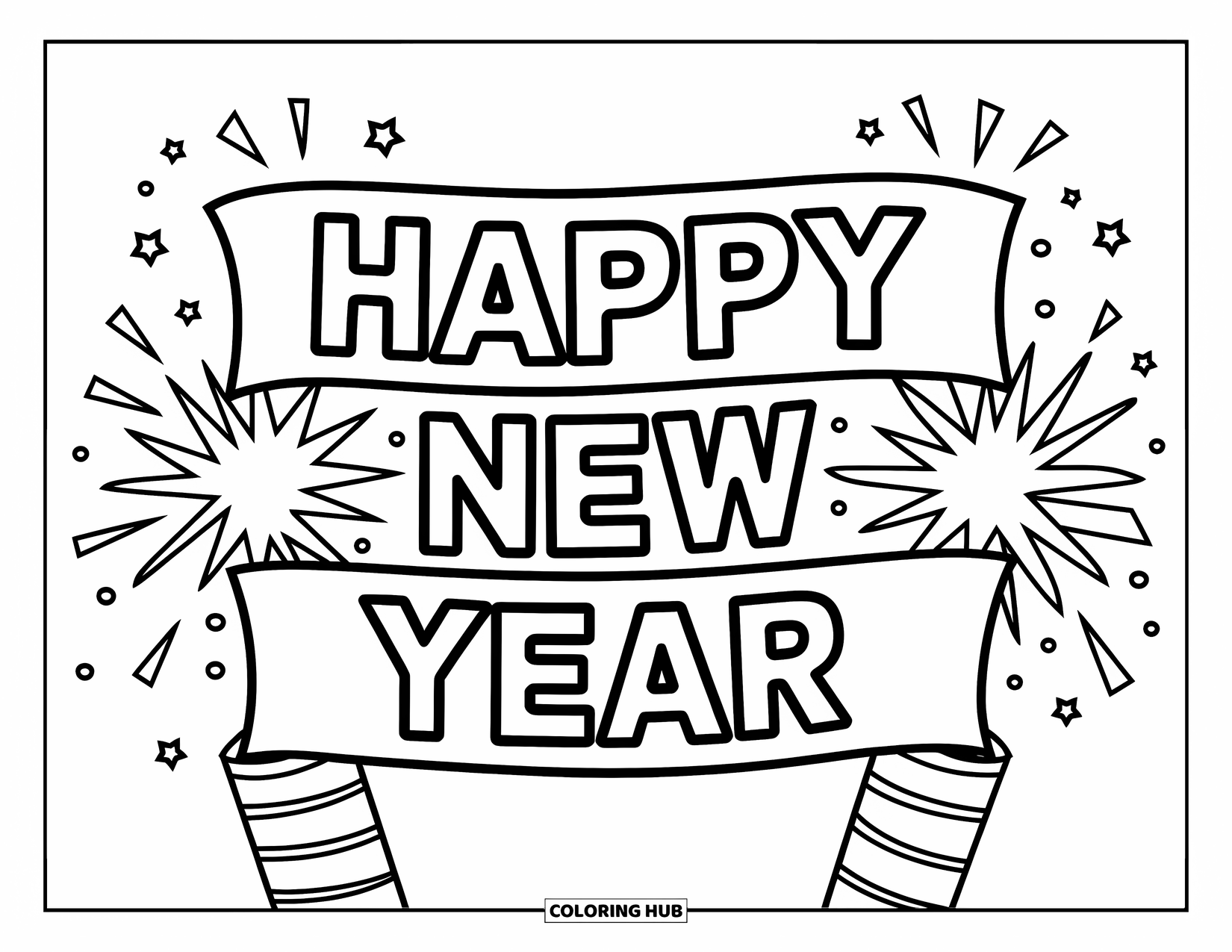 Happy New Year Coloring Page for Kids: Banner saying "Happy New Year" held by poppers