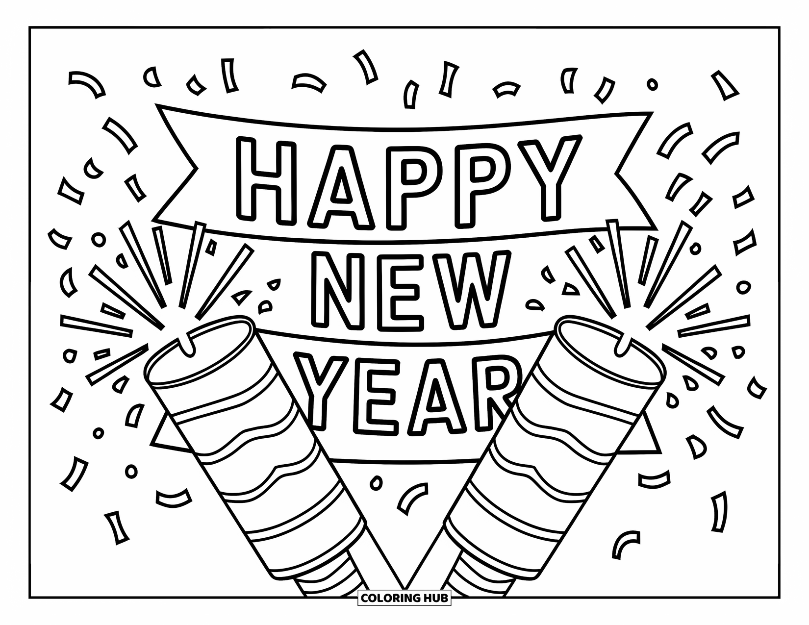 Happy New Year Coloring Page for Kids: Banner with confetti bursts spelling "Happy New Year"