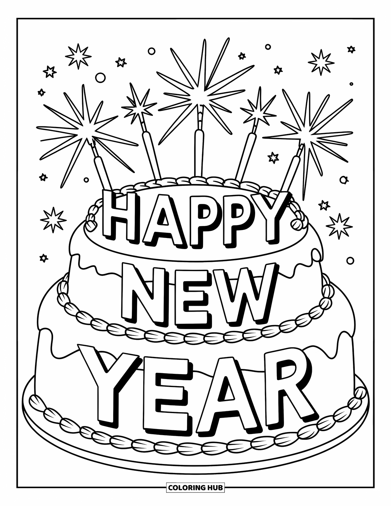 Happy New Year Coloring Page for Kids: Big cake with sparklers and "Happy New Year" text