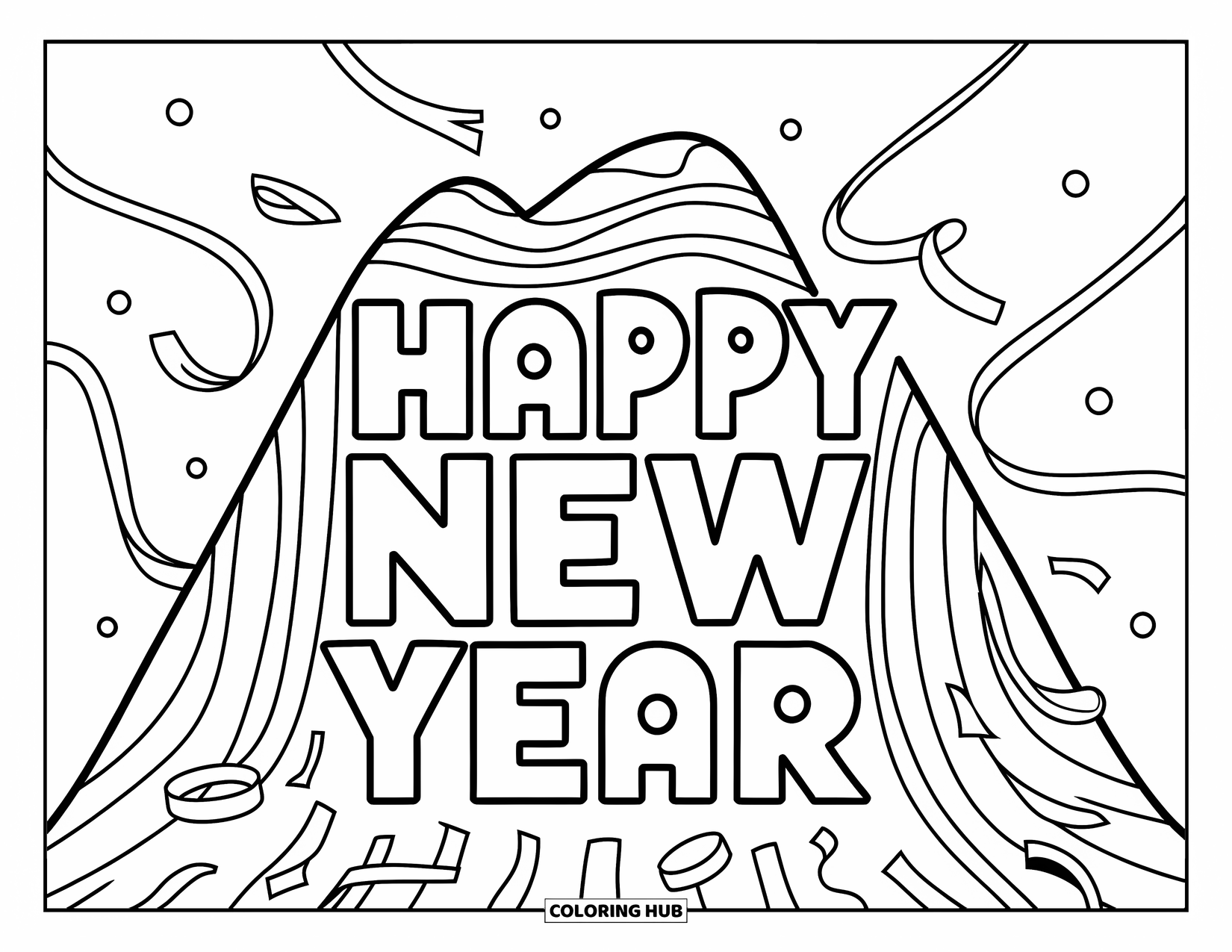 Happy New Year Coloring Page for Kids: Big mountain-shaped "Happy New Year" with cascading streamers