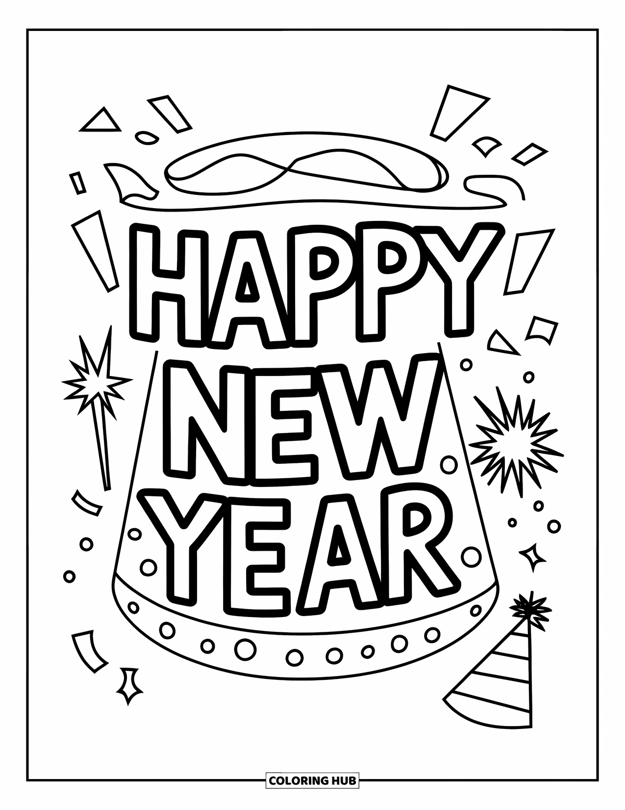 Happy New Year Coloring Page for Kids: Bold hat design with "Happy New Year" text