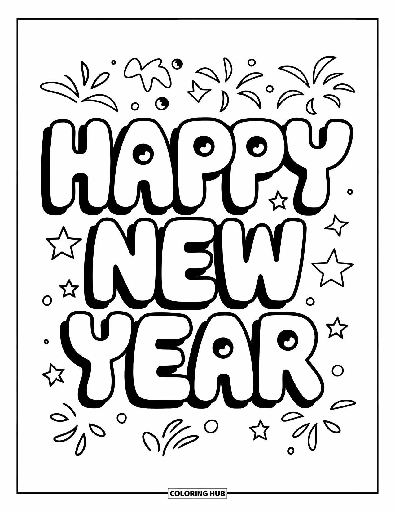 Happy New Year Coloring Page for Kids: Bubble text decorated with fireworks and stars