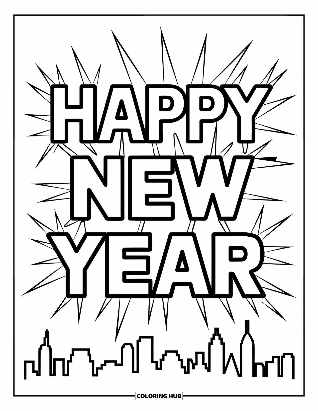 Happy New Year Coloring Page for Kids: Bursting lights with skyline and "Happy New Year"