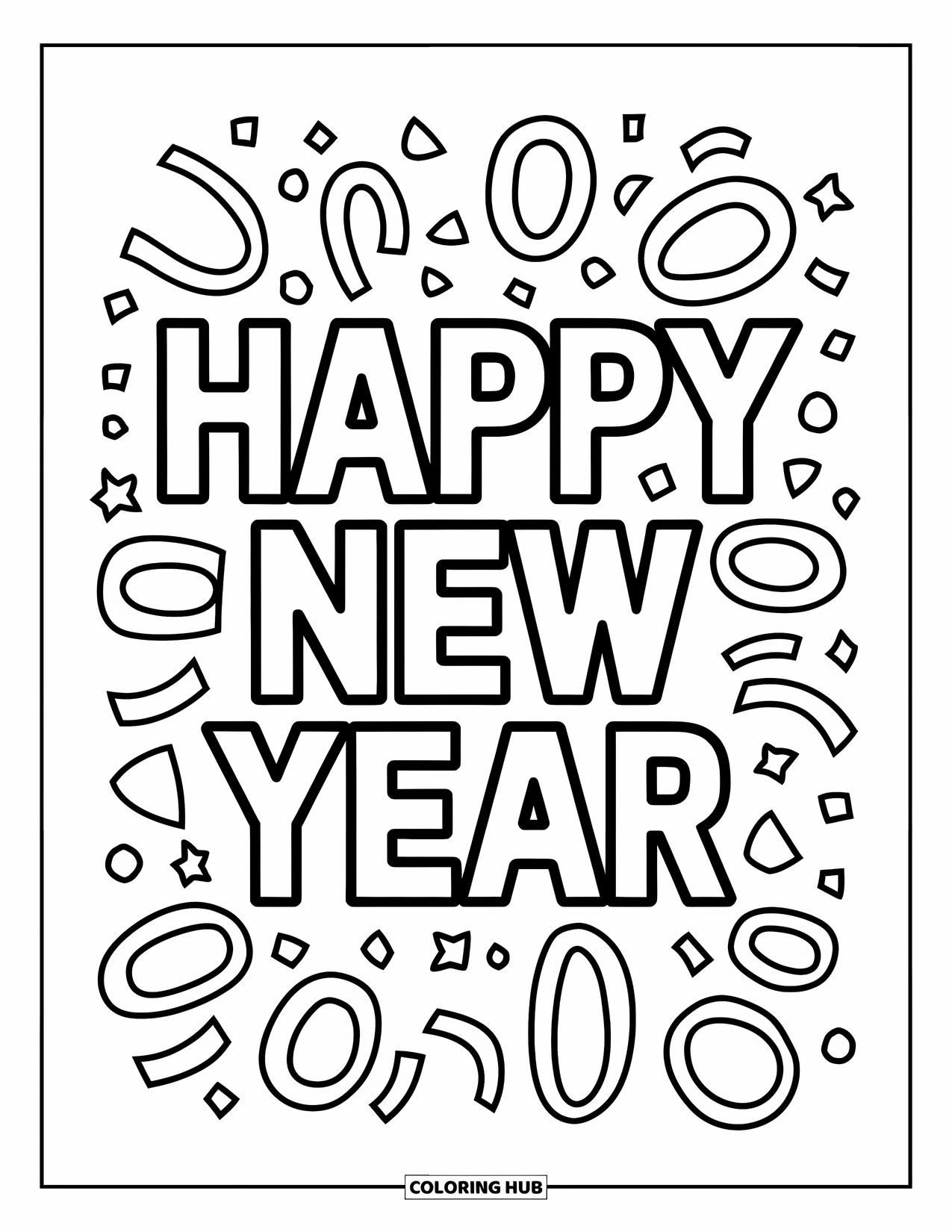 Happy New Year Coloring Page for Kids: Cheerful message framed with puffs of confetti