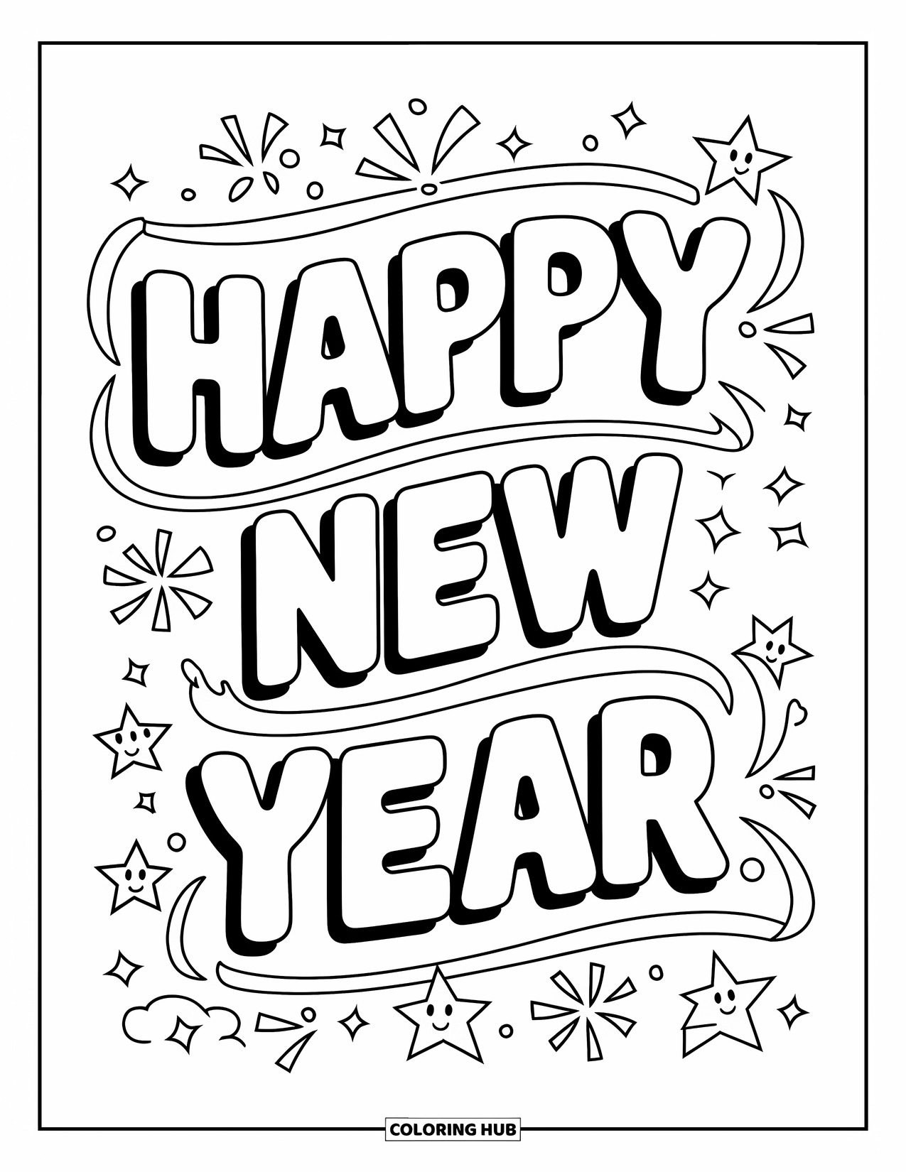 Happy New Year Coloring Page for Kids: Chunky wavy letters with fireworks and stars