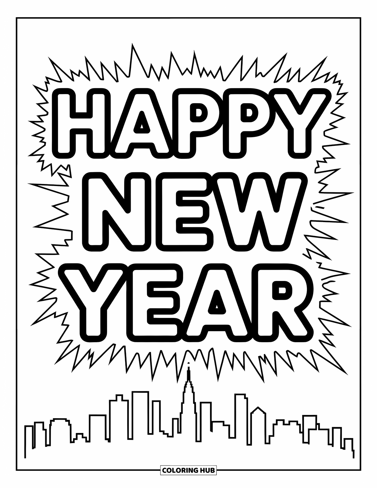 Happy New Year Coloring Page for Kids: City skyline under glowing "Happy New Year" text