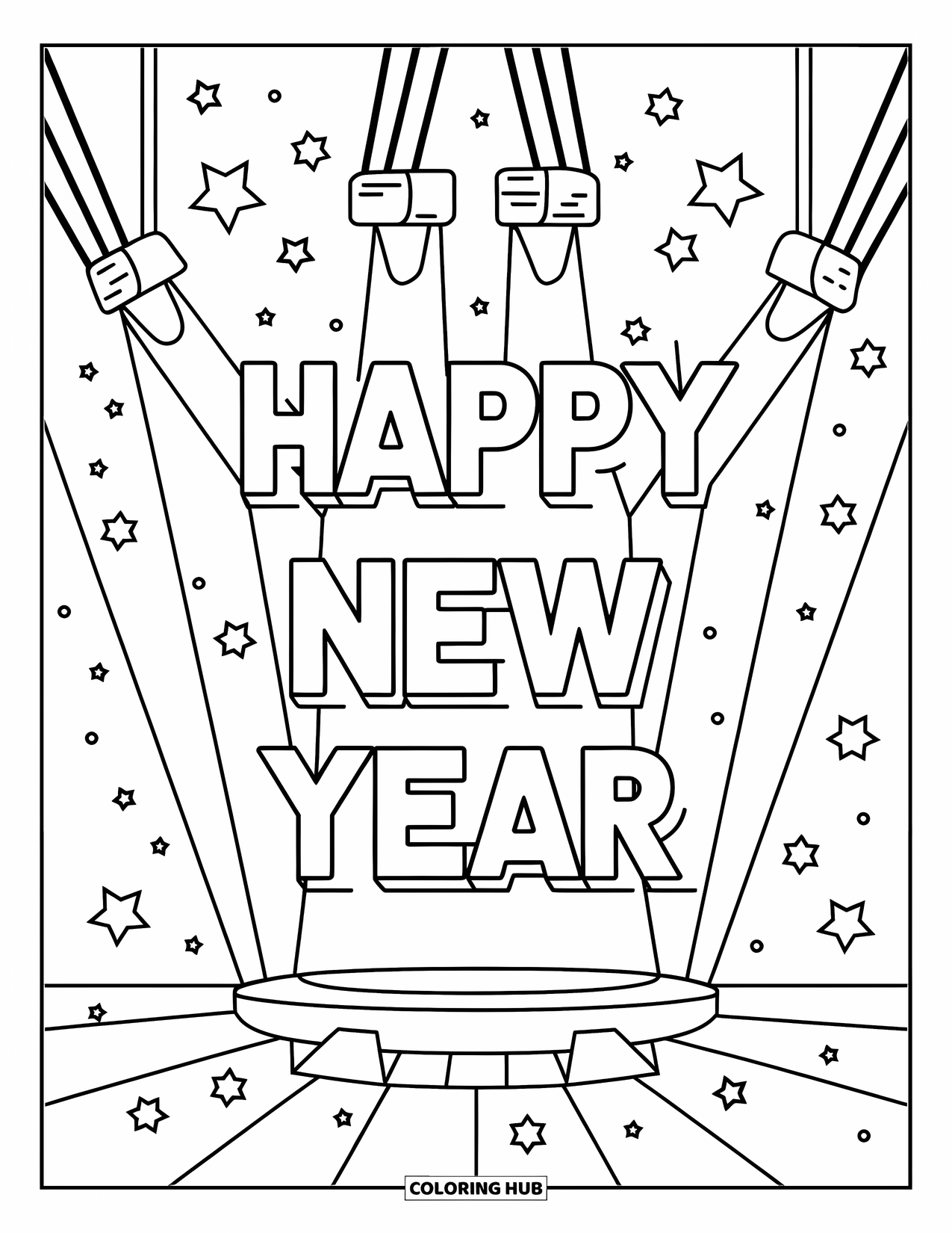Happy New Year Coloring Page for Kids: Countdown stage glowing with "Happy New Year" text