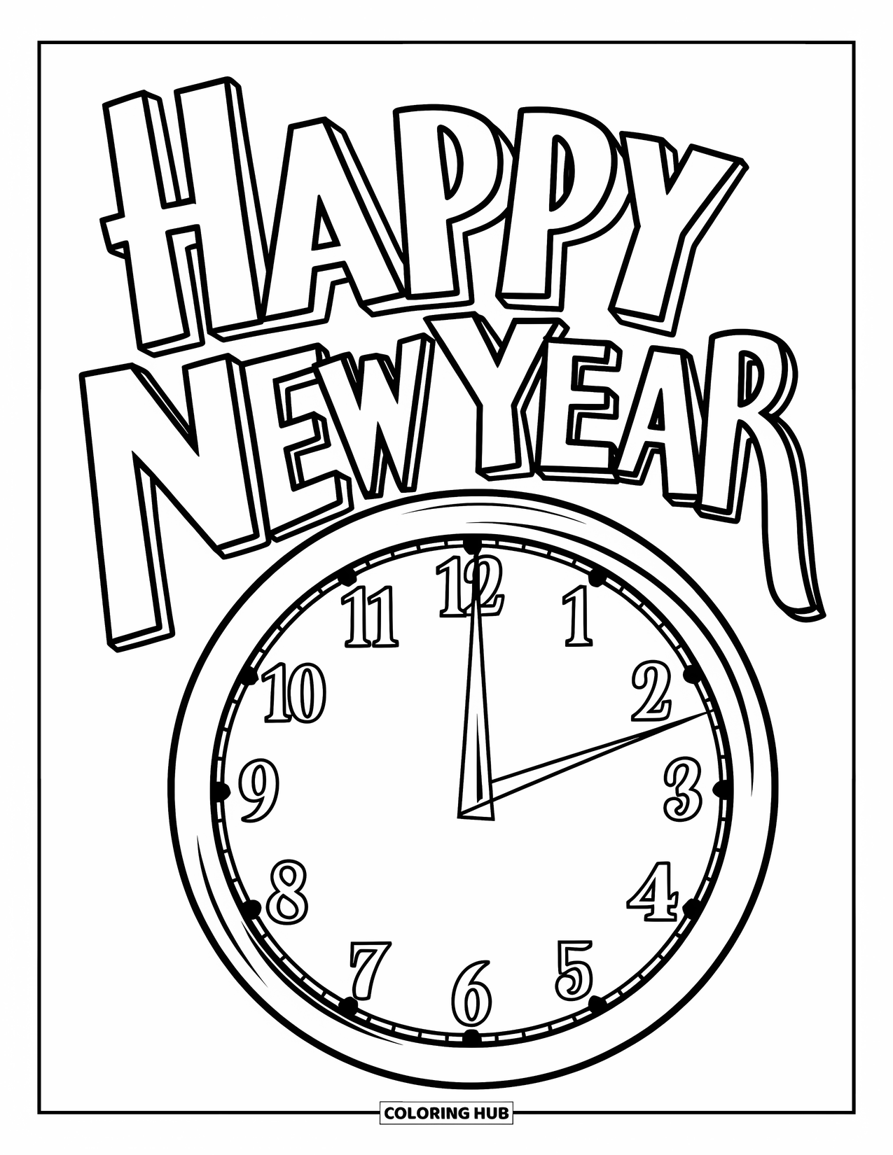 Happy New Year Coloring Page for Kids: Cursive "Happy New Year" with clock above NEW