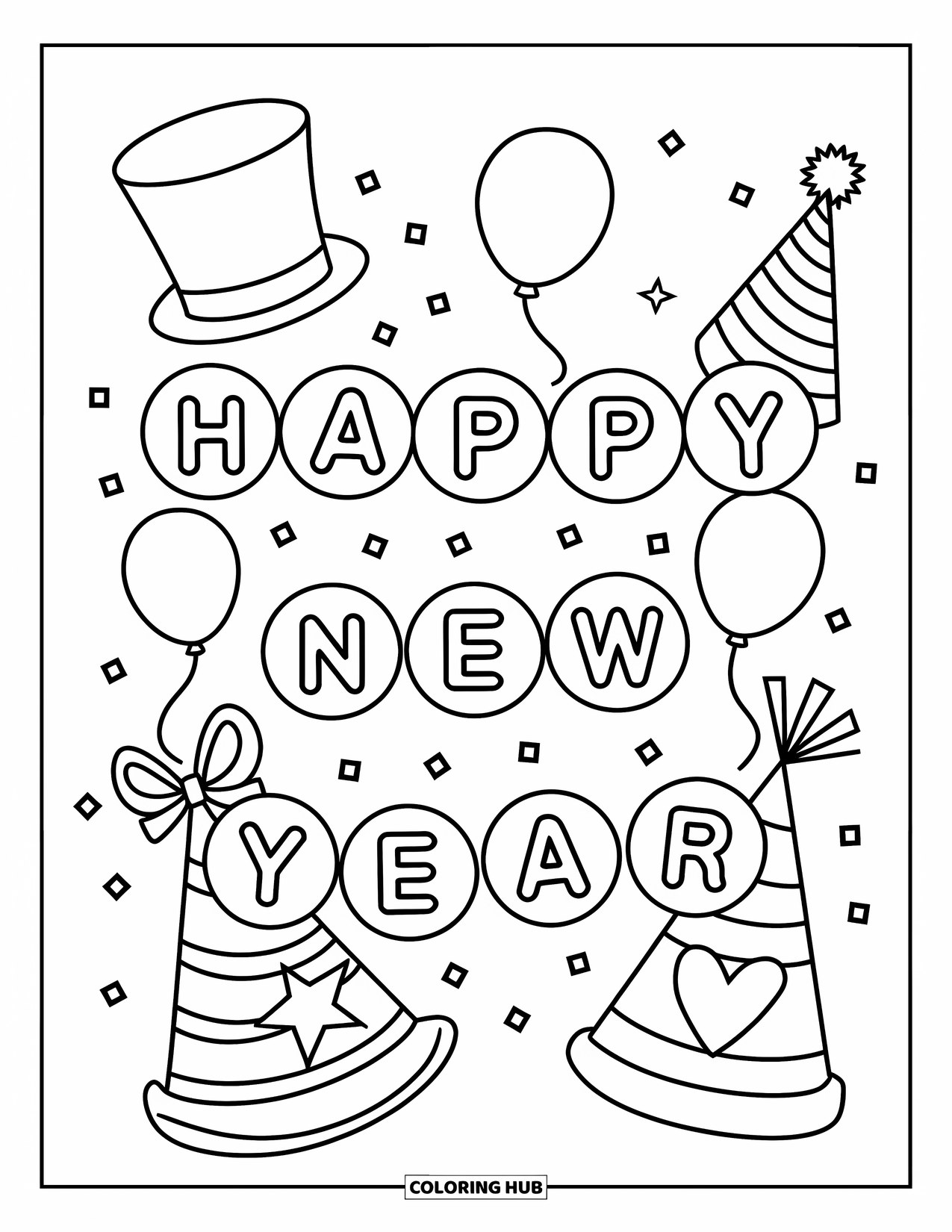 Happy New Year Coloring Page for Kids: Curved line of hats spelling "Happy New Year"