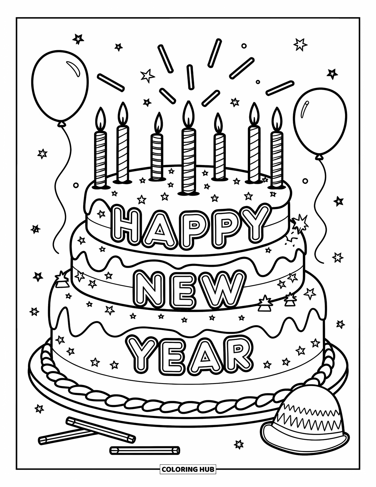 Happy New Year Coloring Page for Kids: Decorated cake with balloons and "Happy New Year"