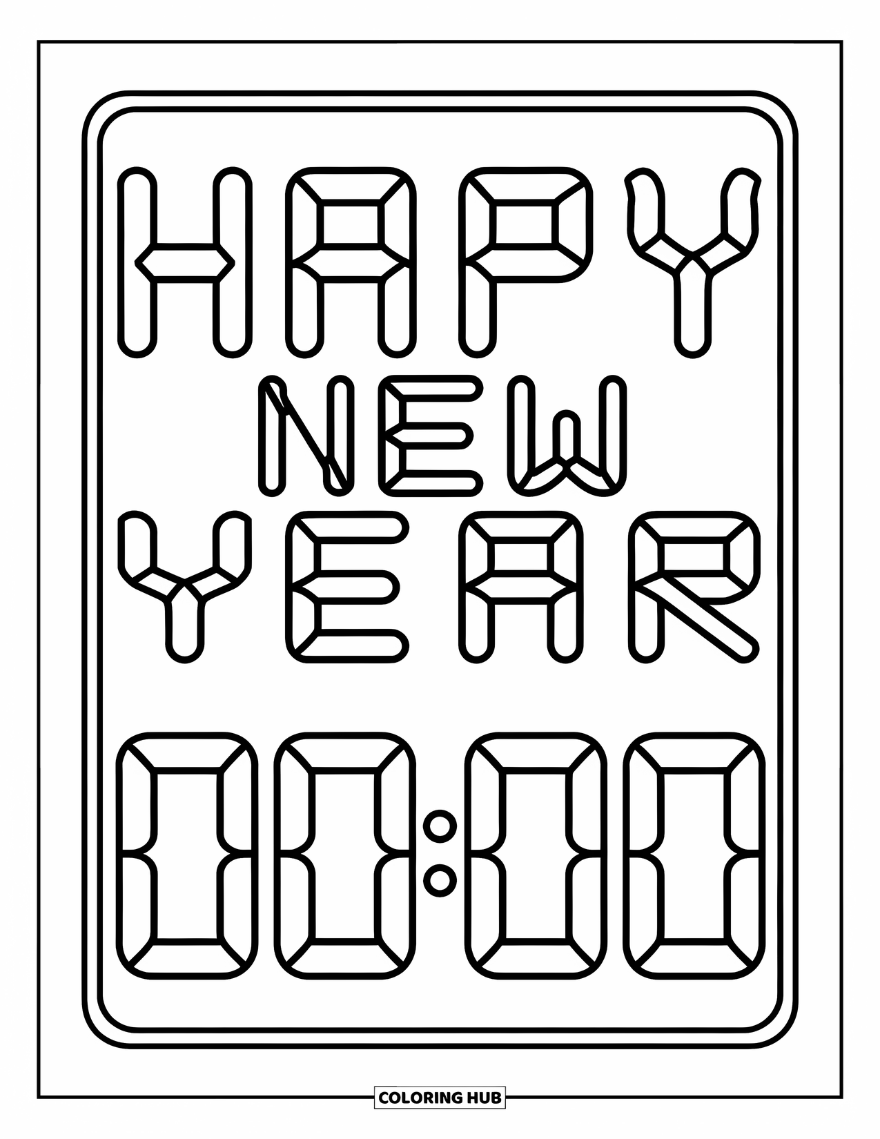 Happy New Year Coloring Page for Kids: Digital countdown at 00:00 with "Happy New Year"