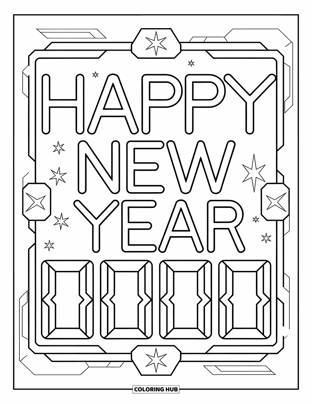Happy New Year Coloring Page for Kids: Digital display with 00:00 and "Happy New Year"