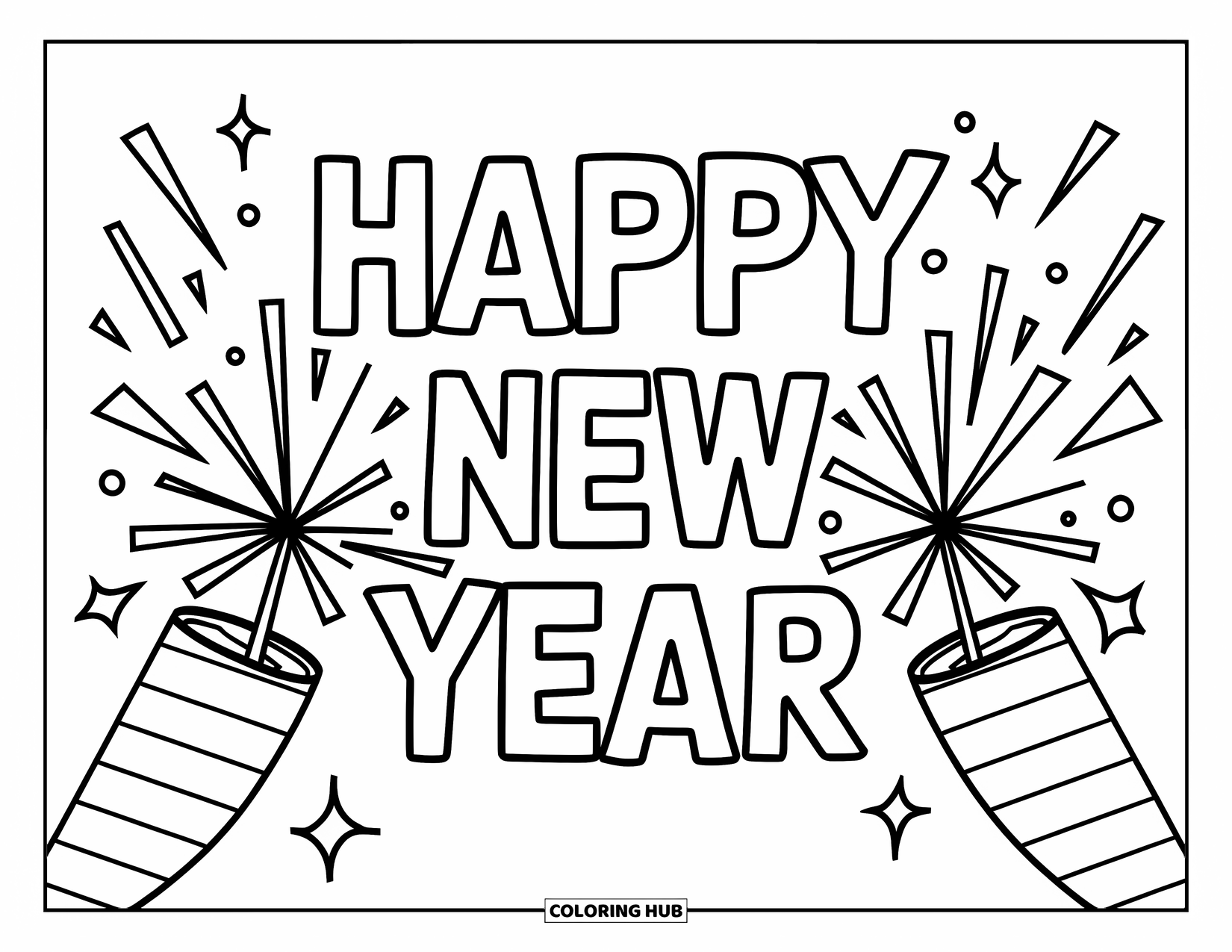 Happy New Year Coloring Page for Kids: Exploding poppers holding "Happy New Year" banner