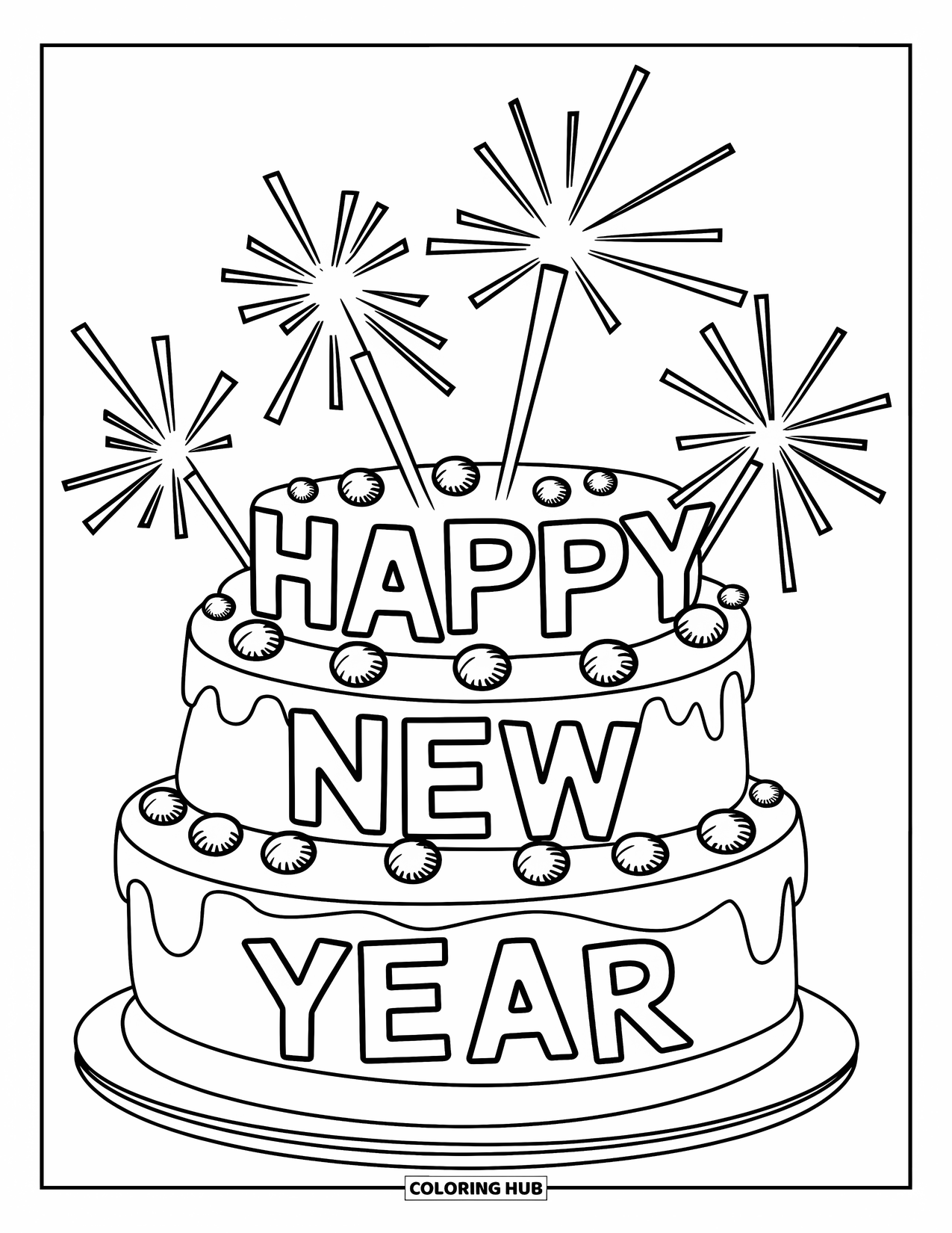 Happy New Year Coloring Page for Kids: Festive cake topped with sparklers reading "Happy New Year"
