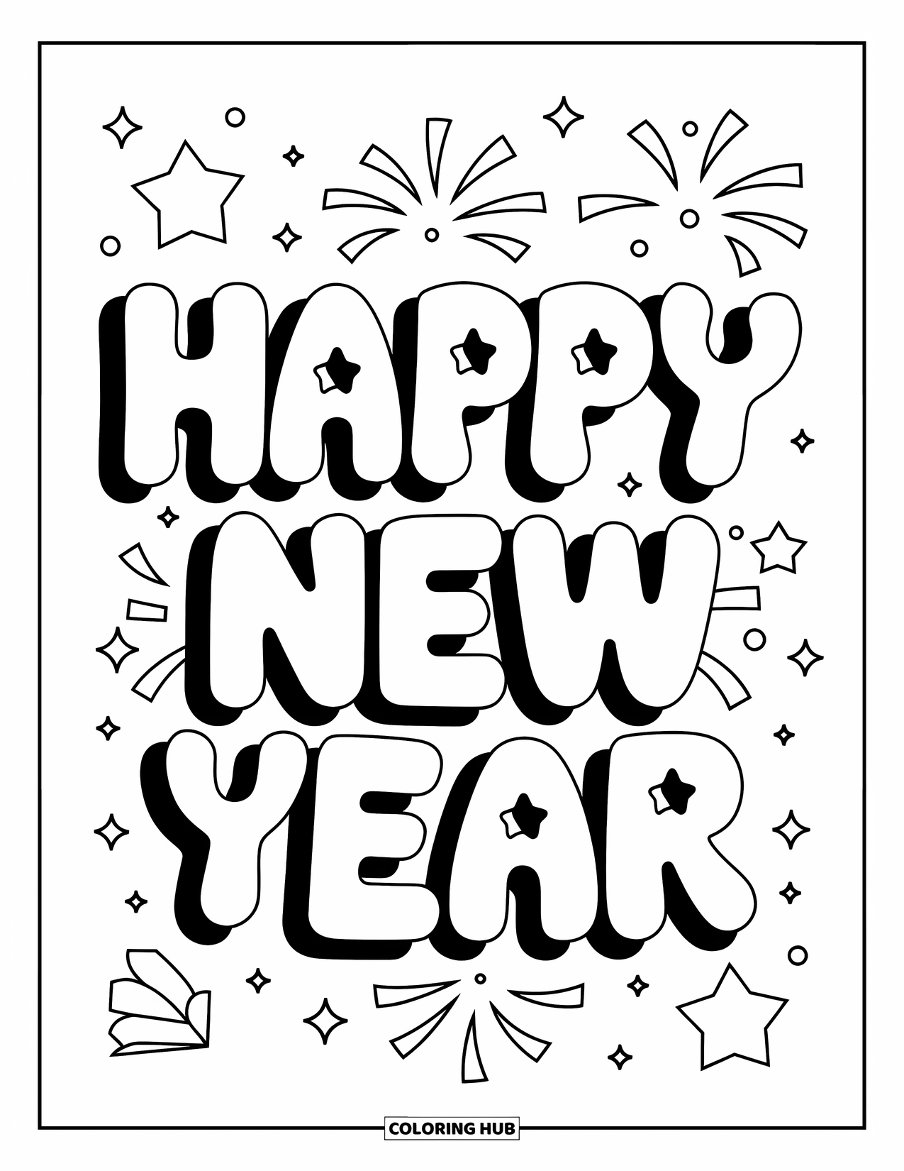 Happy New Year Coloring Page for Kids: Giant bubble letters with stars above