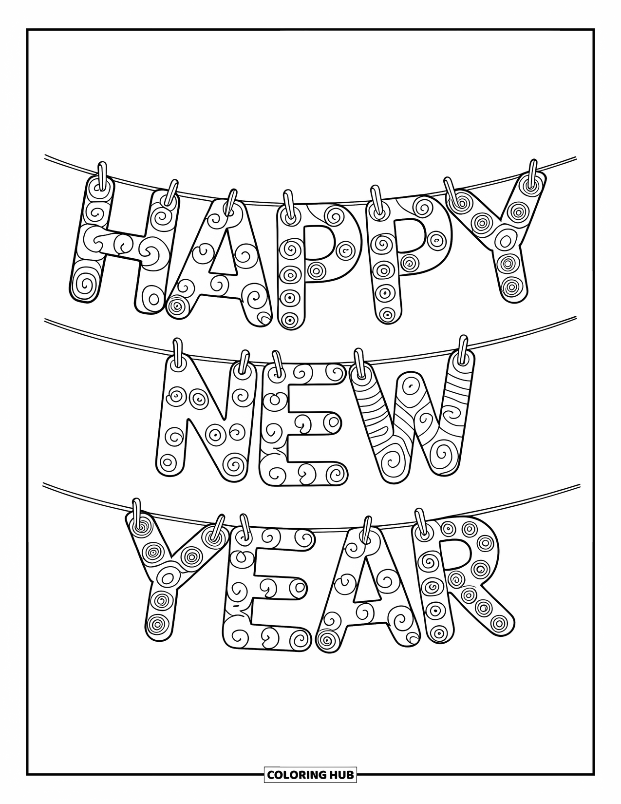 Happy New Year Coloring Page for Kids: Hanging garland with "Happy New Year" in swirls
