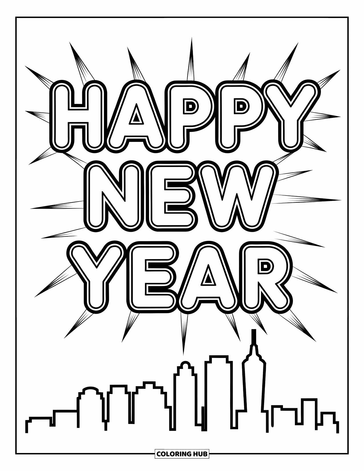 Happy New Year Coloring Page for Kids: "Happy New Year" above tall city buildings
