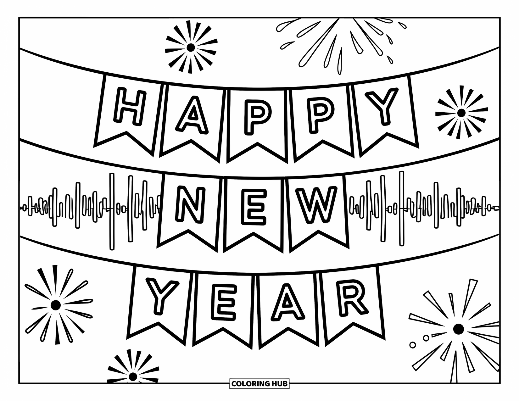 Happy New Year Coloring Page for Kids: "Happy New Year" across pennant flags with fireworks