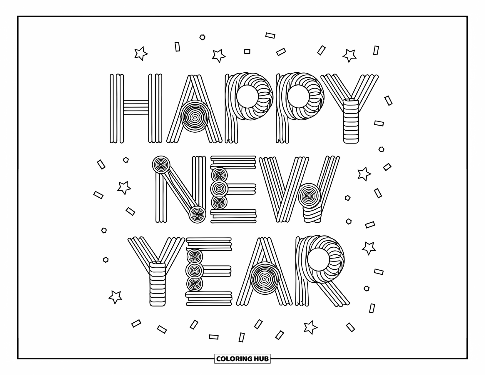 Happy New Year Coloring Page for Kids: "Happy New Year" letters shaped from spirals and stars