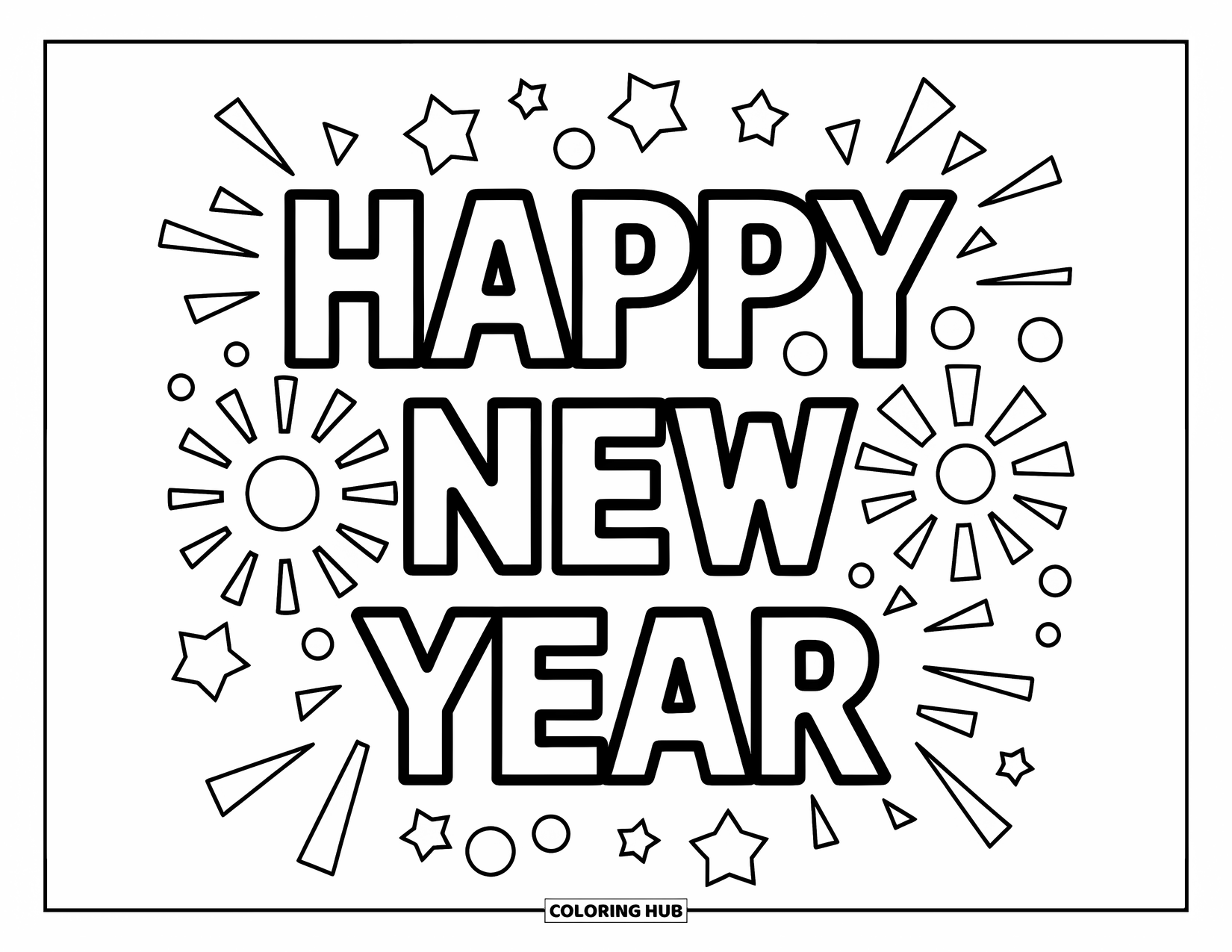 Happy New Year Coloring Page for Kids: "Happy New Year" surrounded by bursts, stars, and fireworks