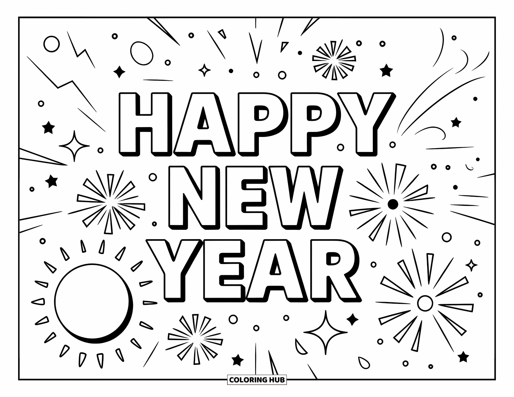 Happy New Year Coloring Page for Kids: Large bold "Happy New Year" with starry bursts