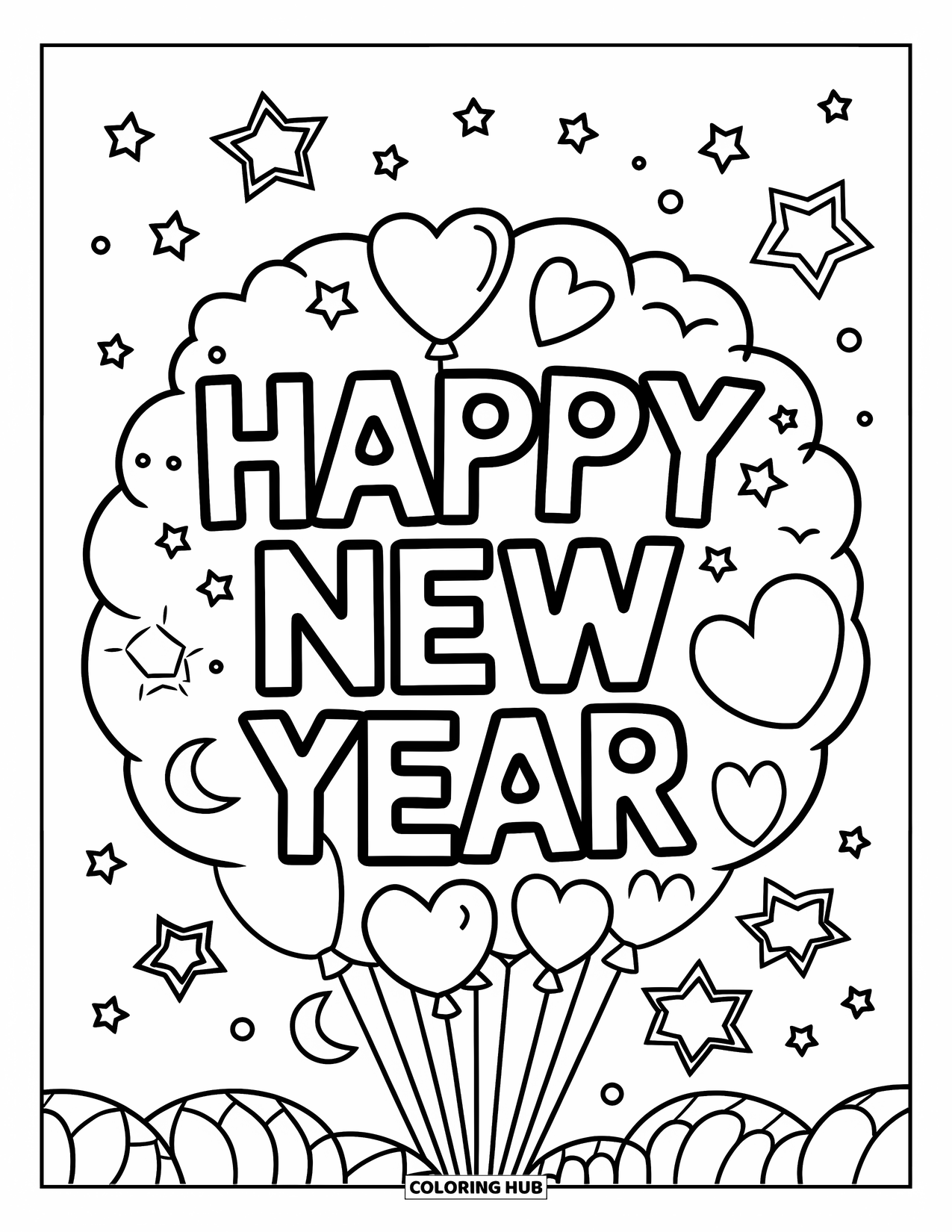 Happy New Year Coloring Page for Kids: Mixed balloons with hearts and stars reading "Happy New Year"