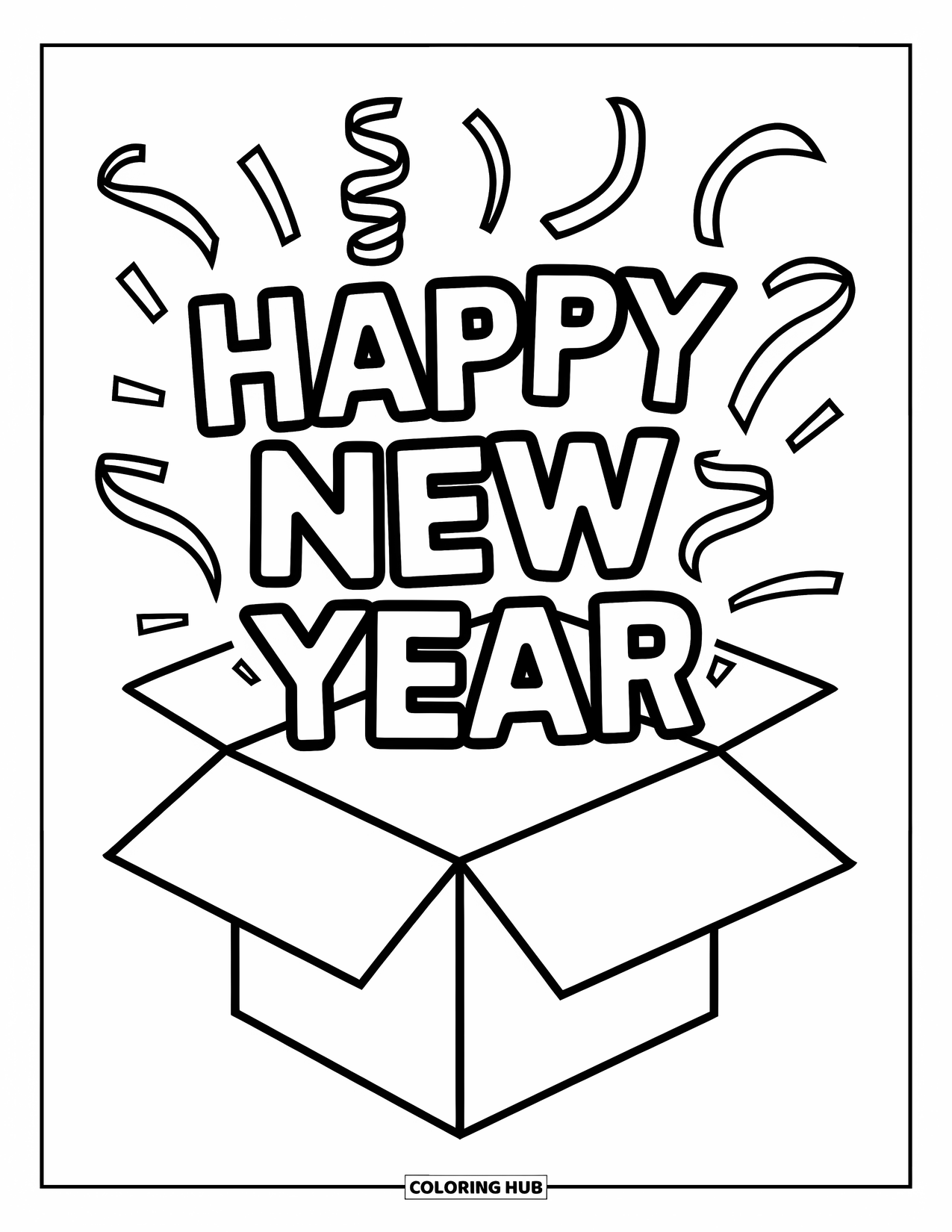 Happy New Year Coloring Page for Kids: New Year's box with flying streamers and "Happy New Year"