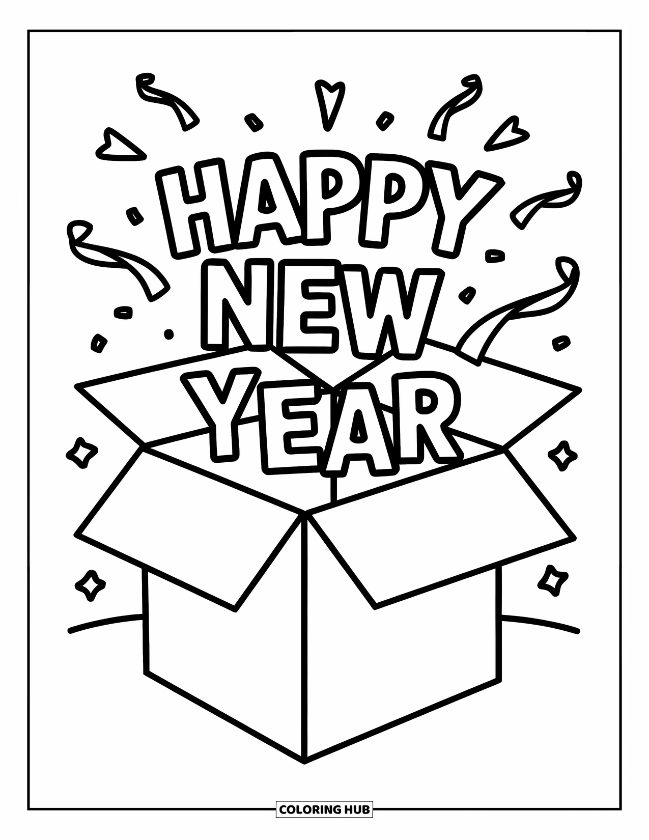 Happy New Year Coloring Page for Kids: Open box with streamers and "Happy New Year" text