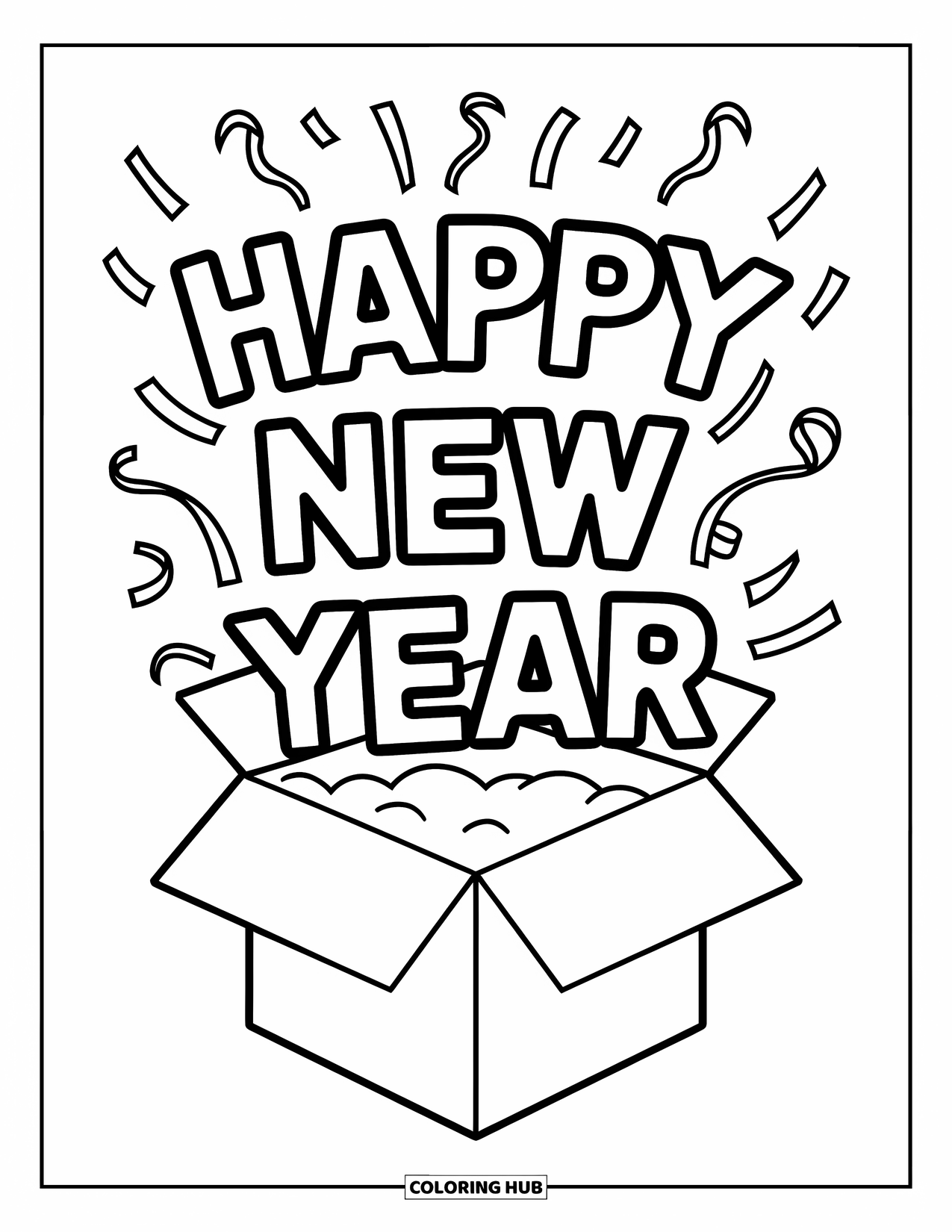 Happy New Year Coloring Page for Kids: Party box bursting with "Happy New Year" and streamers