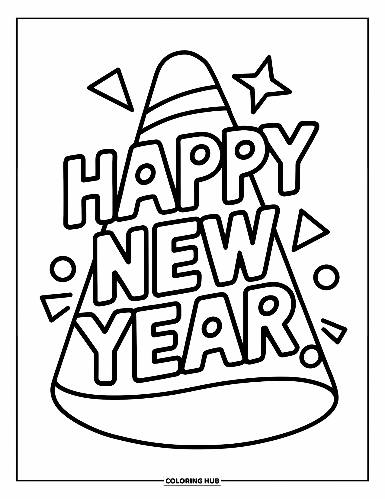 Happy New Year Coloring Page for Kids: Party hat with "Happy New Year" inside
