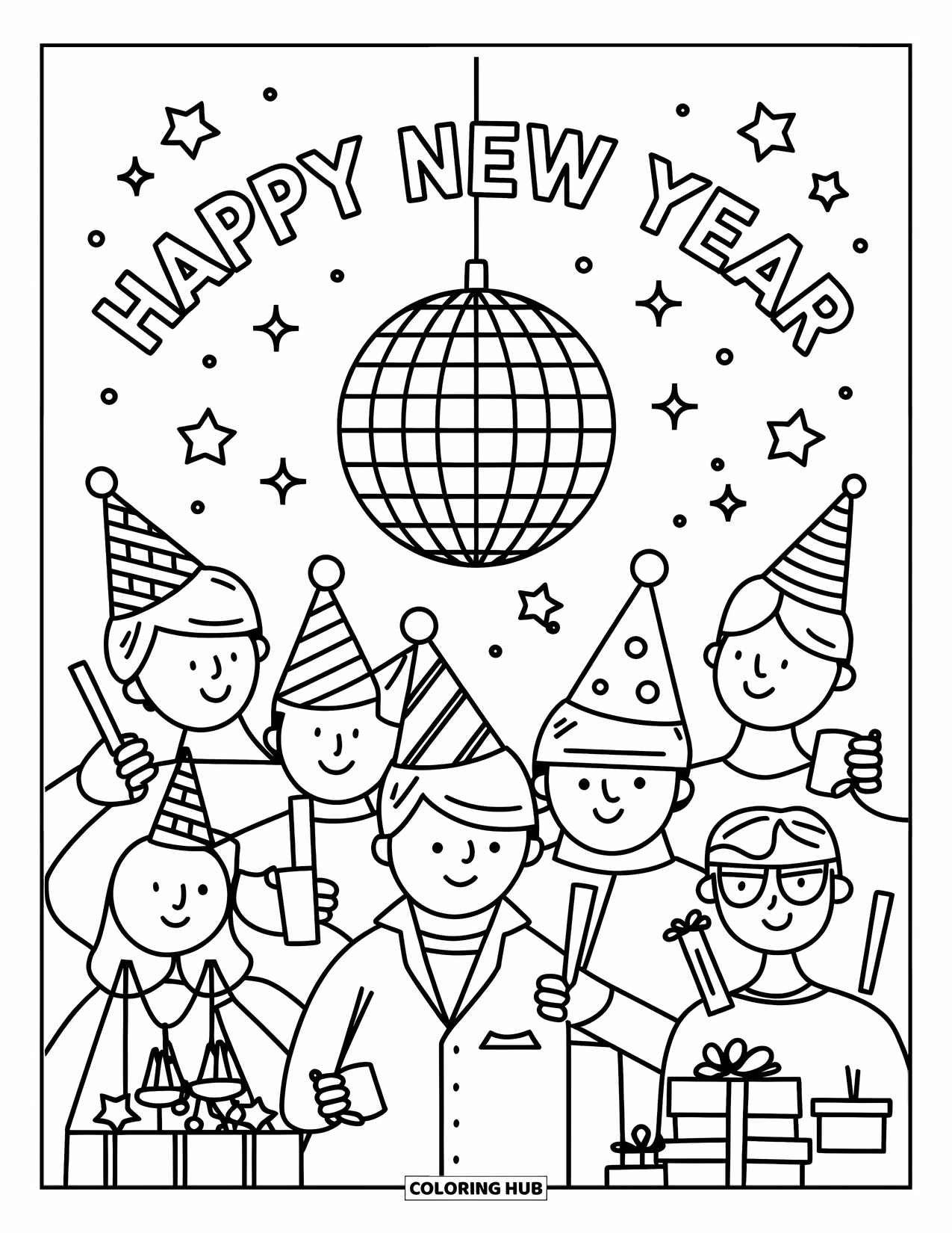 Happy New Year Coloring Page for Kids: Party scene with disco ball and "Happy New Year"