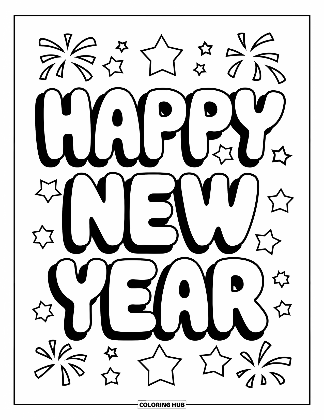 Happy New Year Coloring Page for Kids: Playful bubble letters with stars and fireworks above