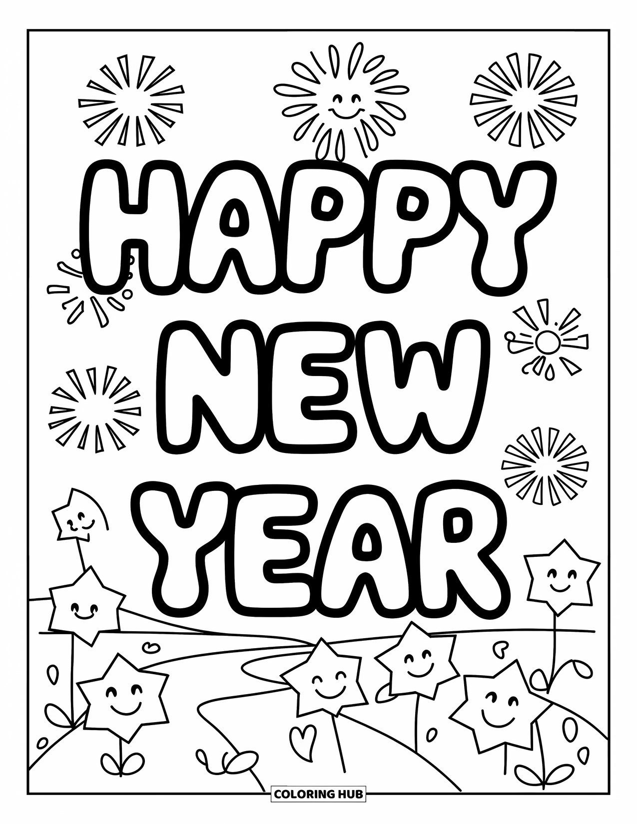 Happy New Year Coloring Page for Kids: Playful stars along wavy "Happy New Year"
