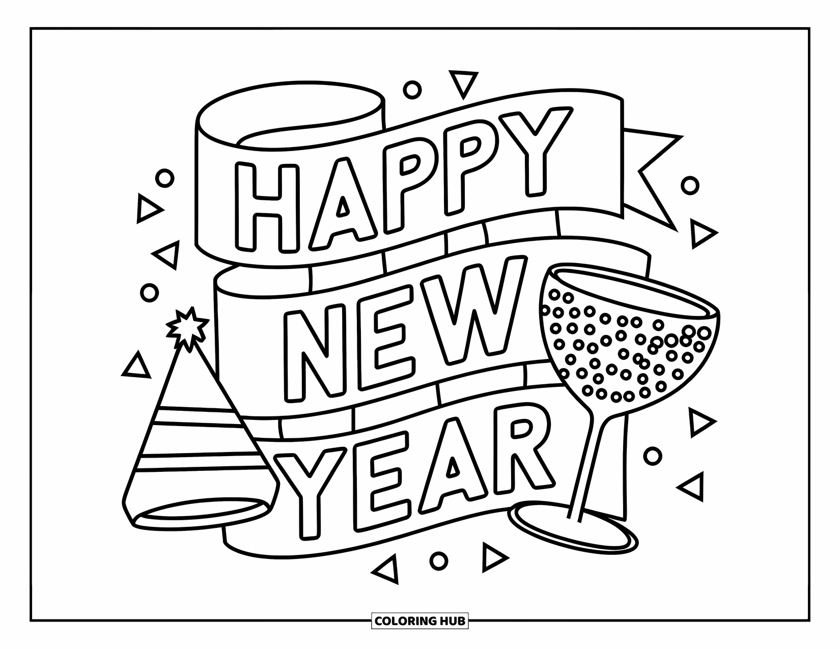 Happy New Year Coloring Page for Kids: Ribbon text with party hat, bottle, and sparkling glass