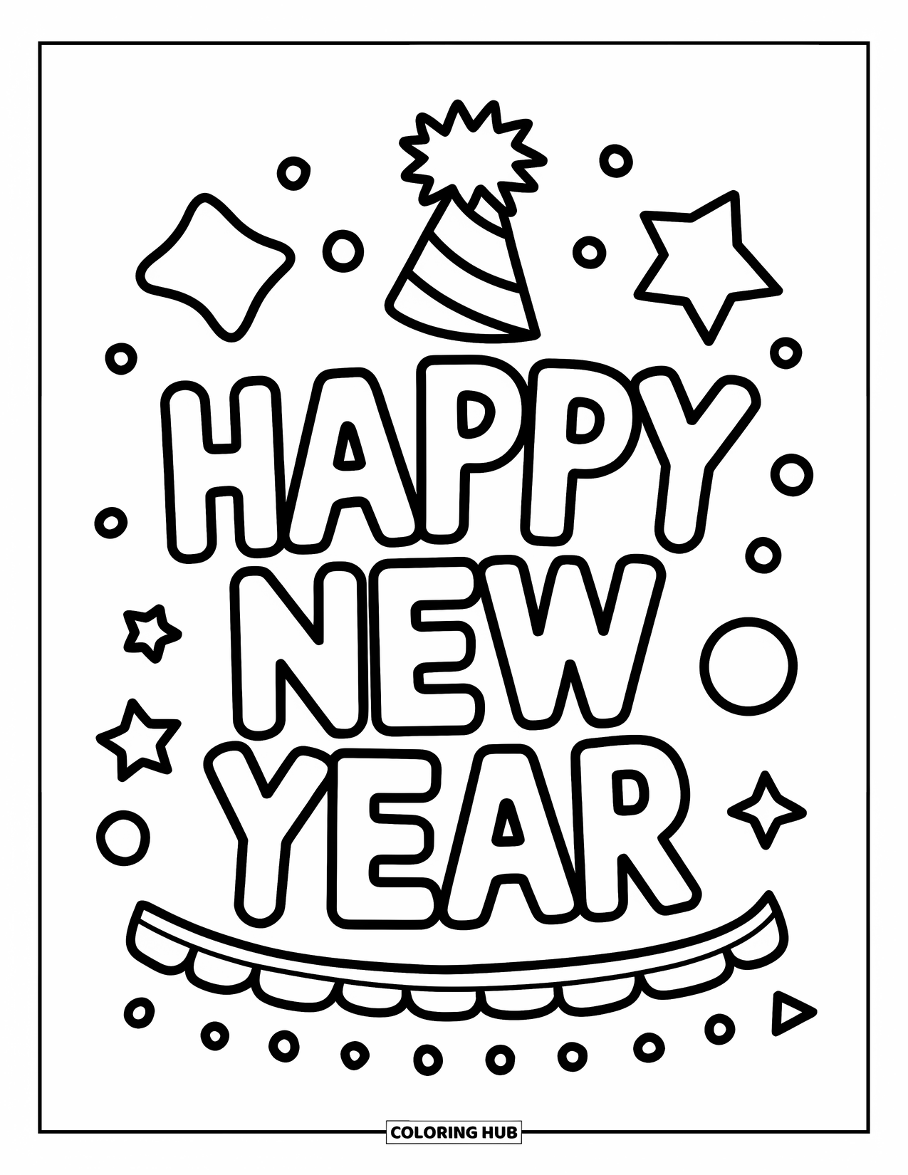 Happy New Year Coloring Page for Kids: Simple party hat holding "Happy New Year" text