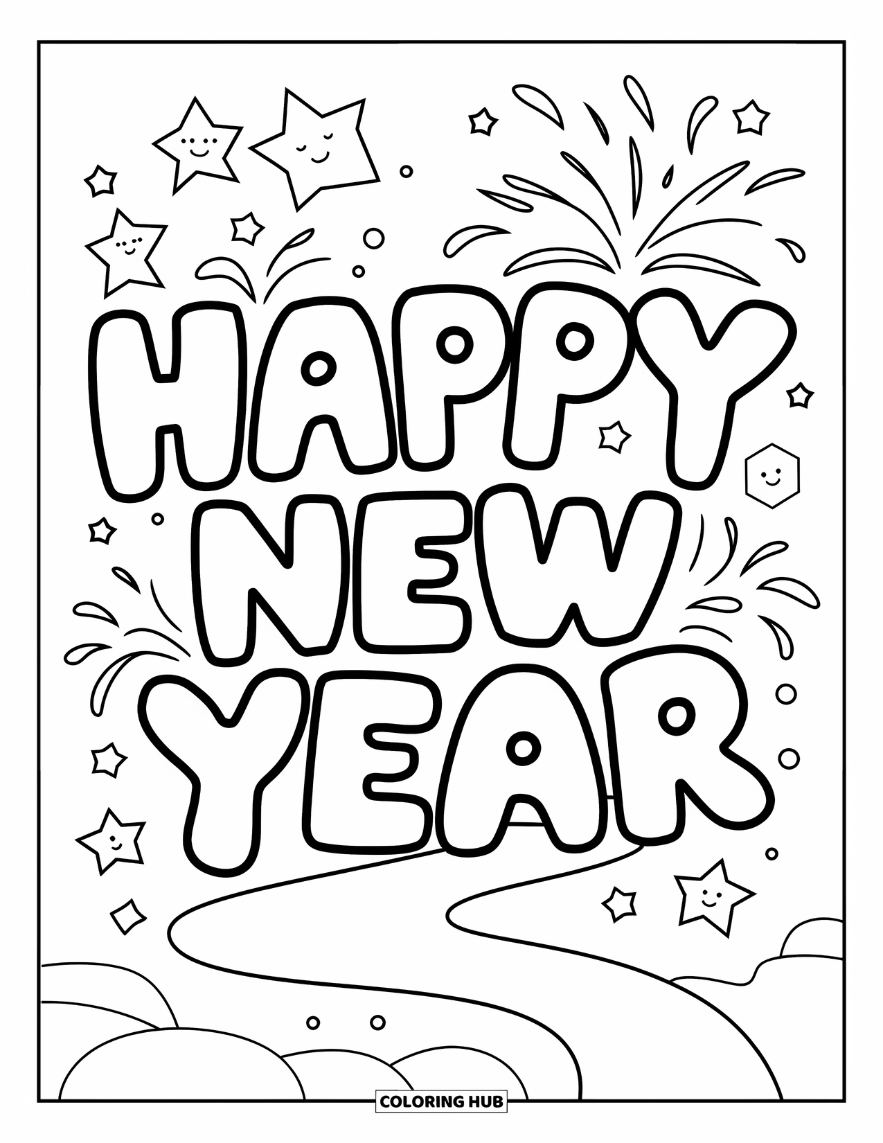 Happy New Year Coloring Page for Kids: Smiling stars and fireworks with chunky New Year letters