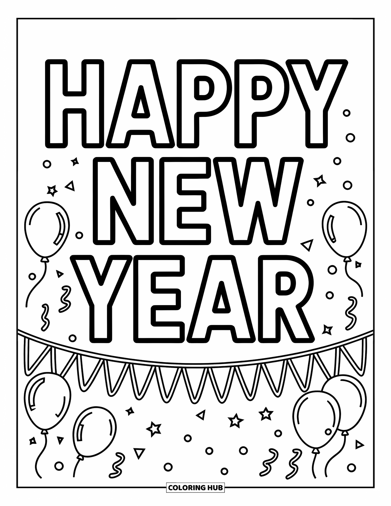 Happy New Year Coloring Page for Kids: Stacked "Happy New Year" with confetti and banner