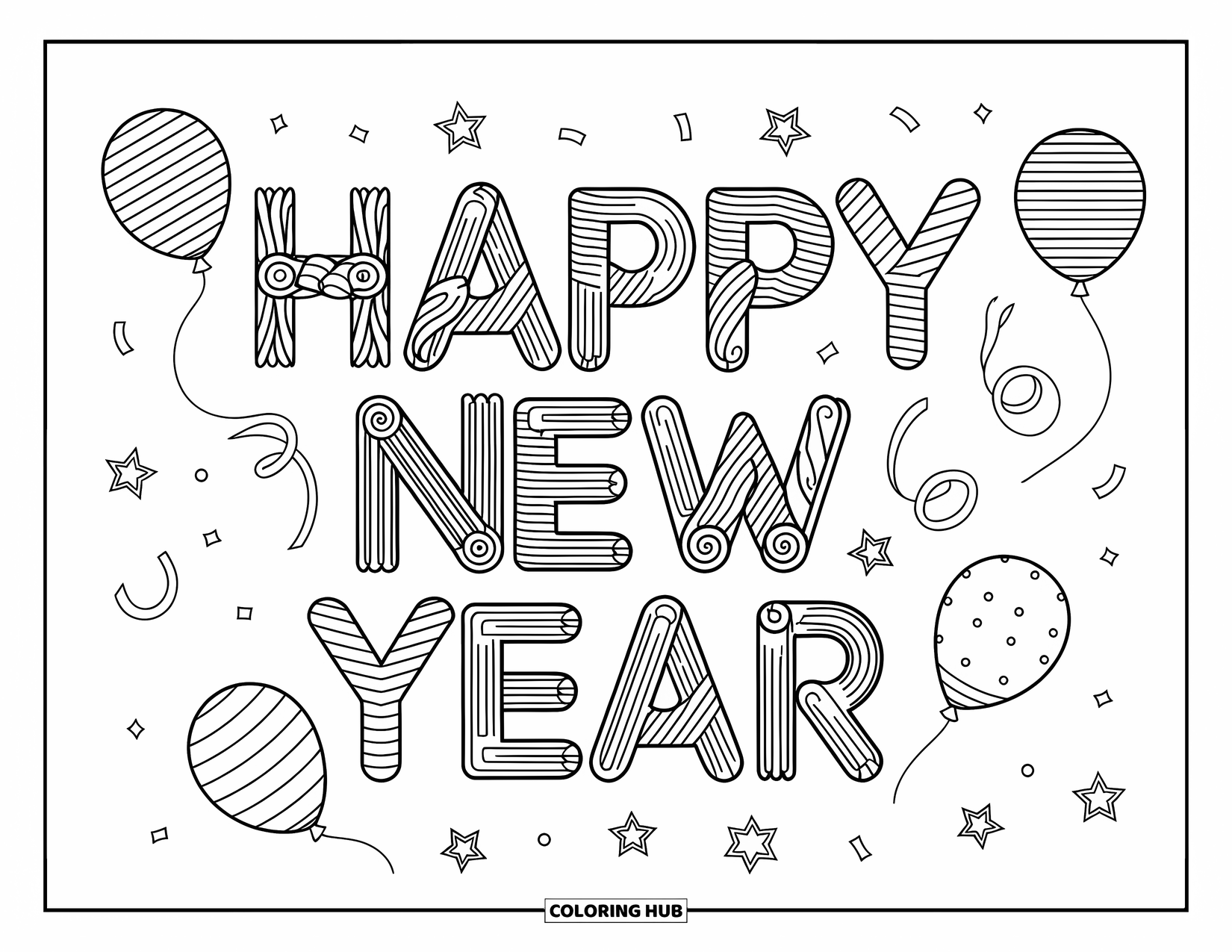 Happy New Year Coloring Page for Kids: Stacked spirals and balloons spell "Happy New Year"