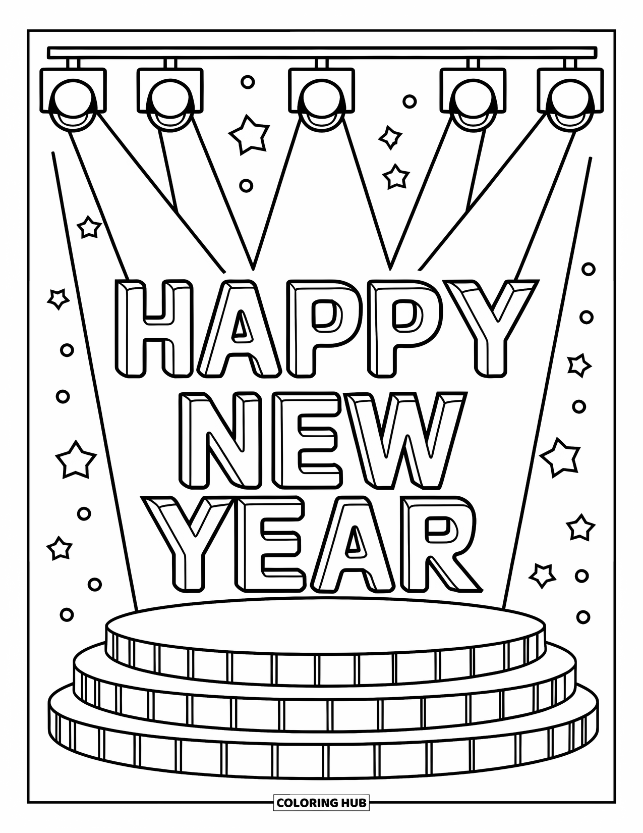 Happy New Year Coloring Page for Kids: Stage with "Happy New Year" lit by spotlights and stars