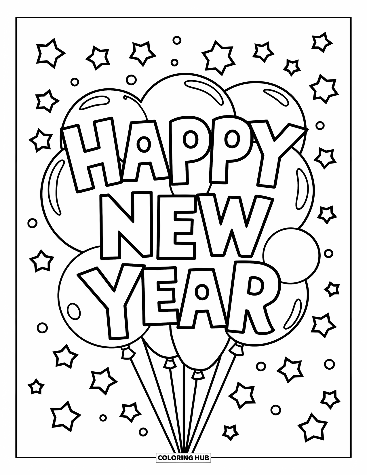 Happy New Year Coloring Page for Kids: Stars and balloons floating with "Happy New Year"
