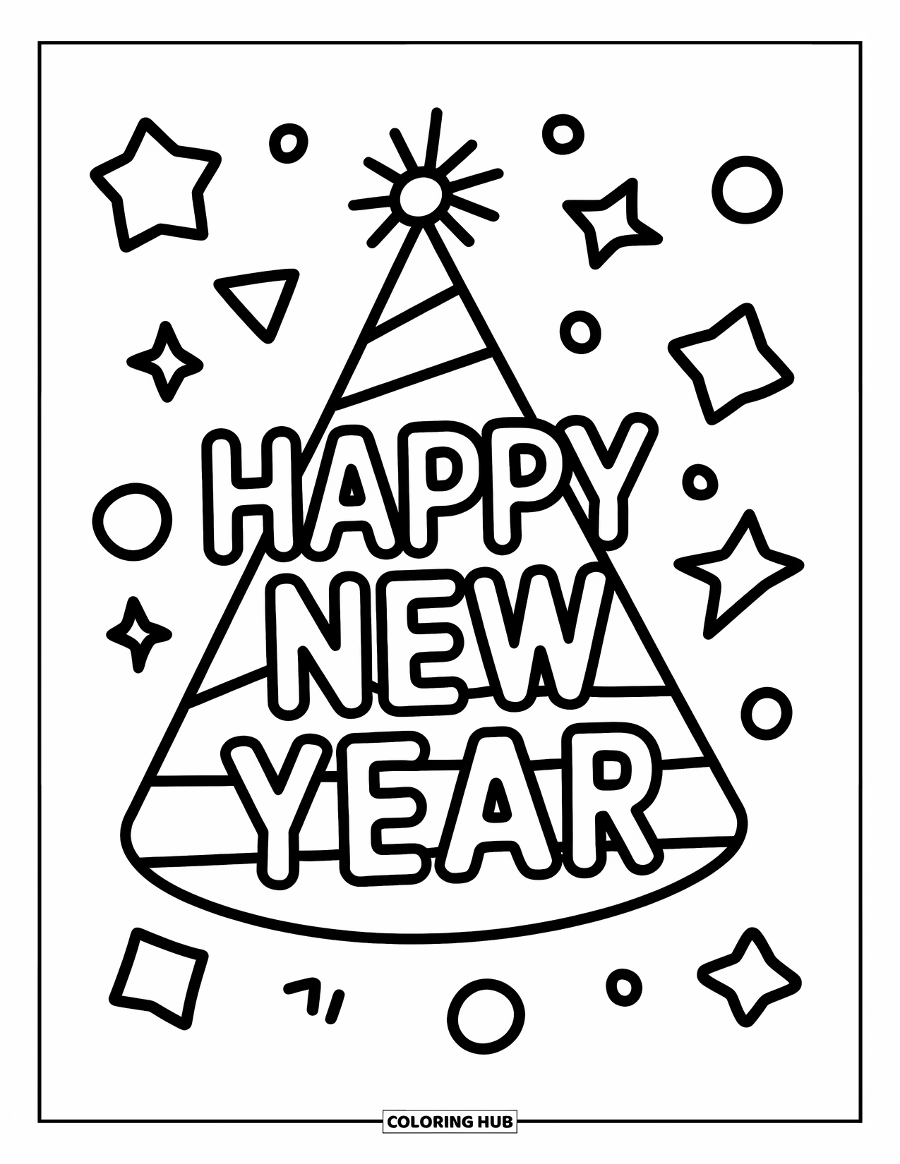 Happy New Year Coloring Page for Kids: Stars and shapes surrounding party hat with message