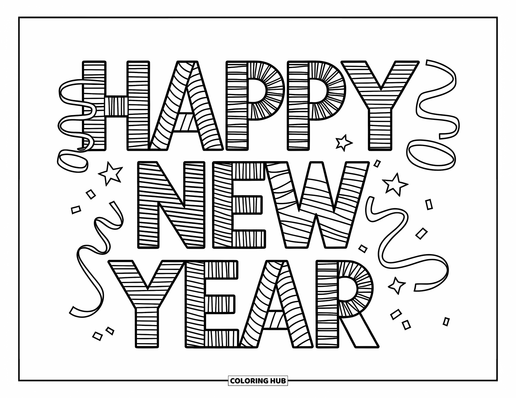 Happy New Year Coloring Page for Kids: Streamers and stars form "Happy New Year" text