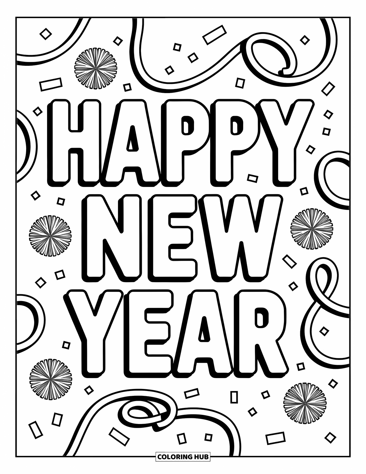 Happy New Year Coloring Page for Kids: Streamers looping around large New Year text