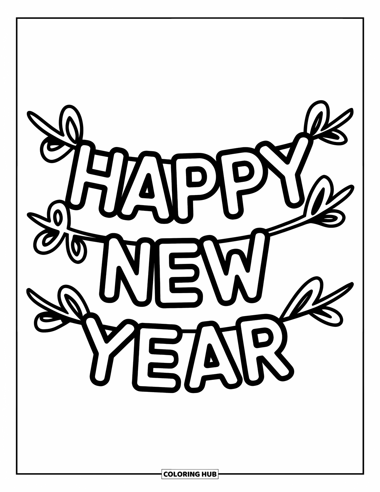 Happy New Year Coloring Page for Kids: String garland with swirled "Happy New Year" letters