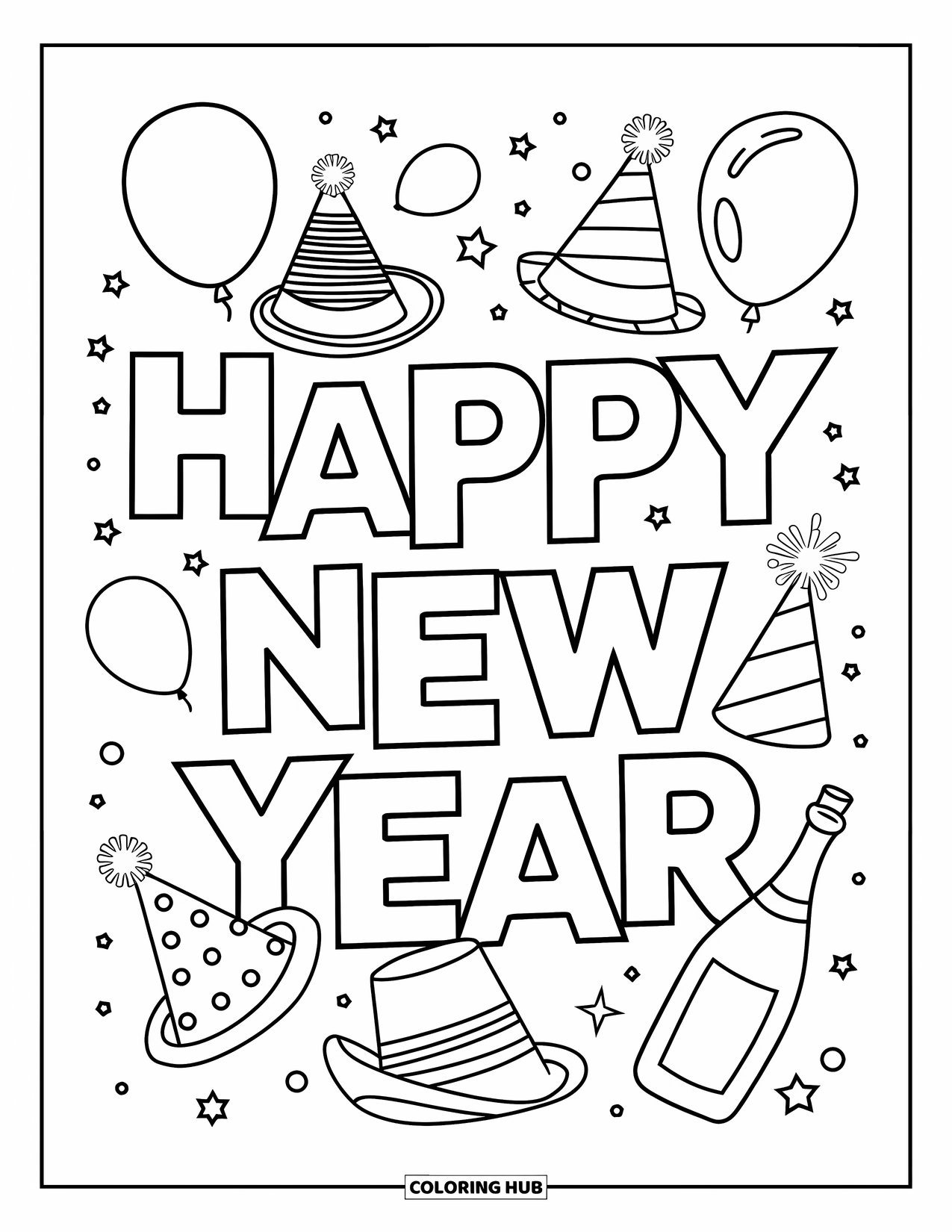 Happy New Year Coloring Page for Kids: Top hats and streamers forming "Happy New Year"