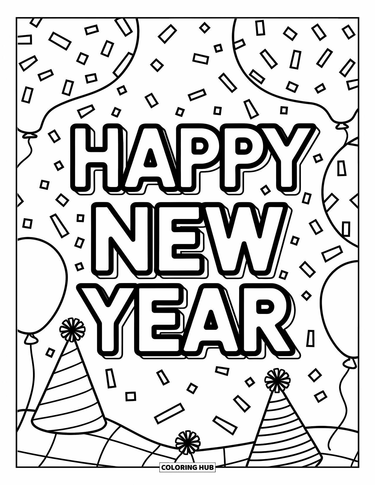 Happy New Year Coloring Page for Kids: Vertical "Happy New Year" surrounded by party hats