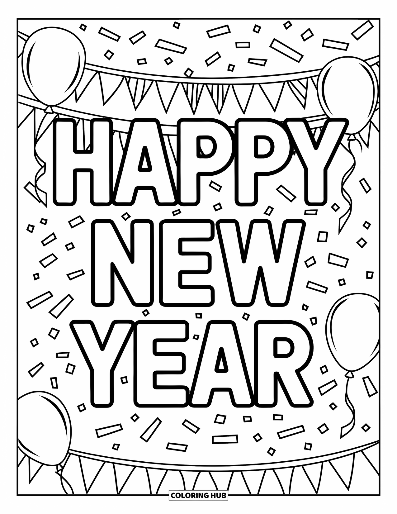 Happy New Year Coloring Page for Kids: Vertical "Happy New Year" with balloons and streamers
