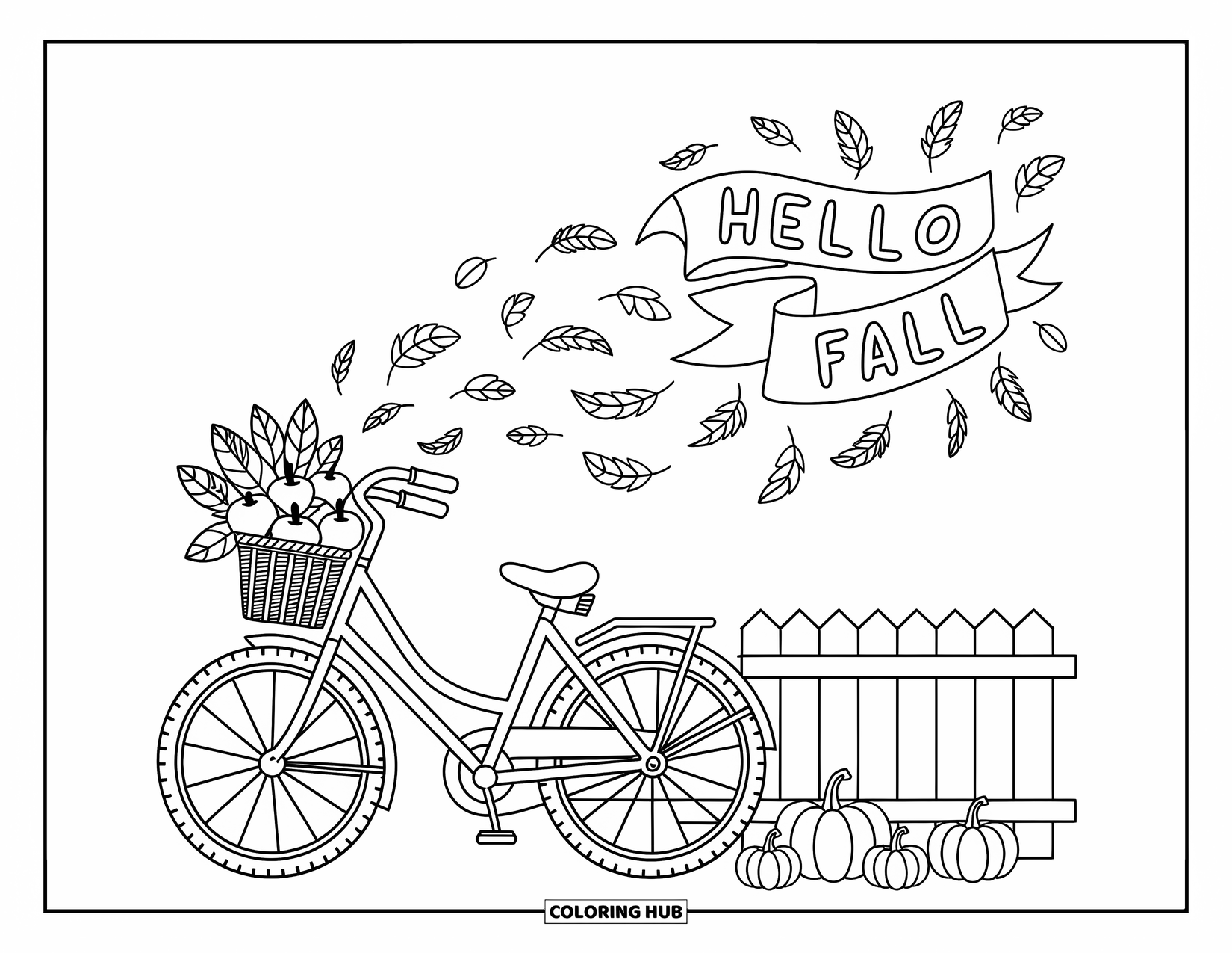 Hello Fall Coloring Page for Adults: A bike rests quietly by a glowing orchard with apples and pumpkins in the basket